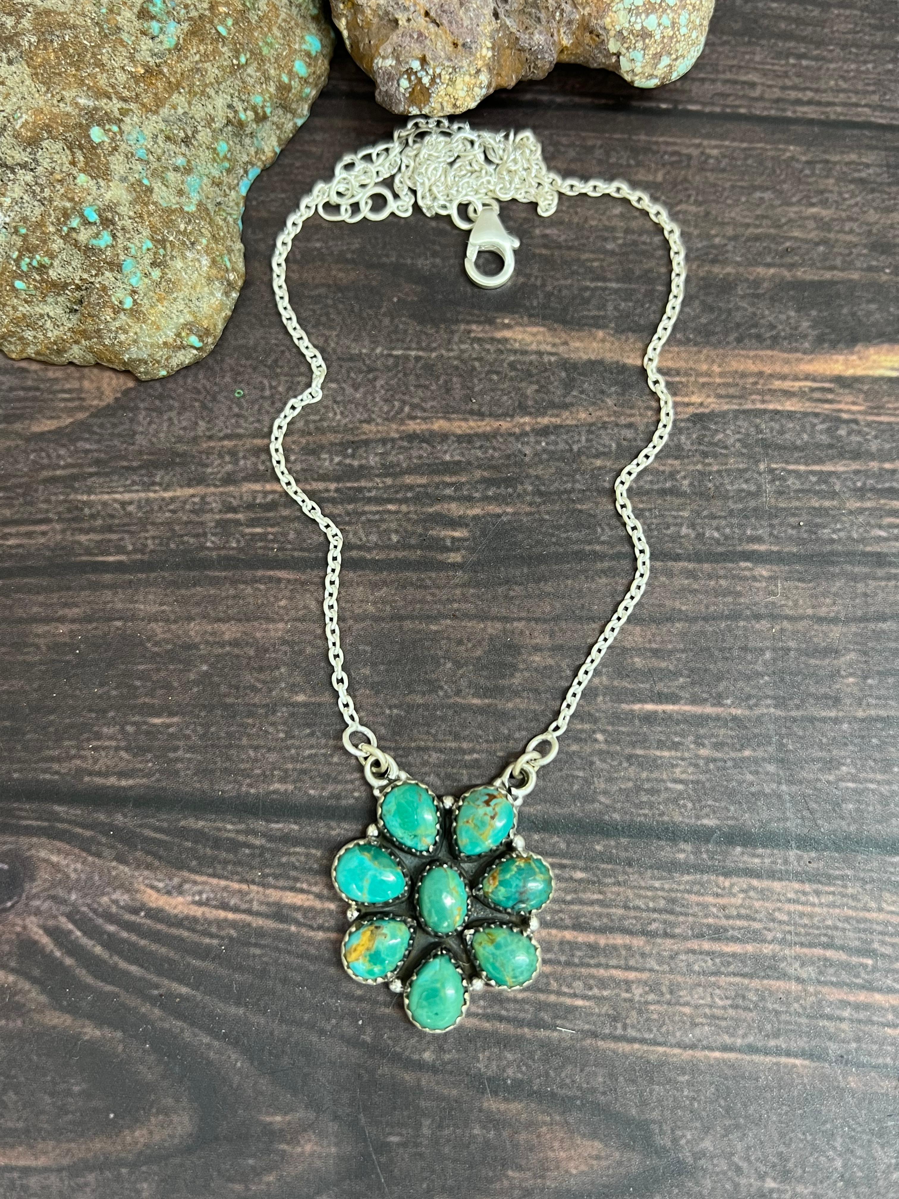 Handmade Sterling Silver Kingman Turquoise Necklace with Signed Nizhoni