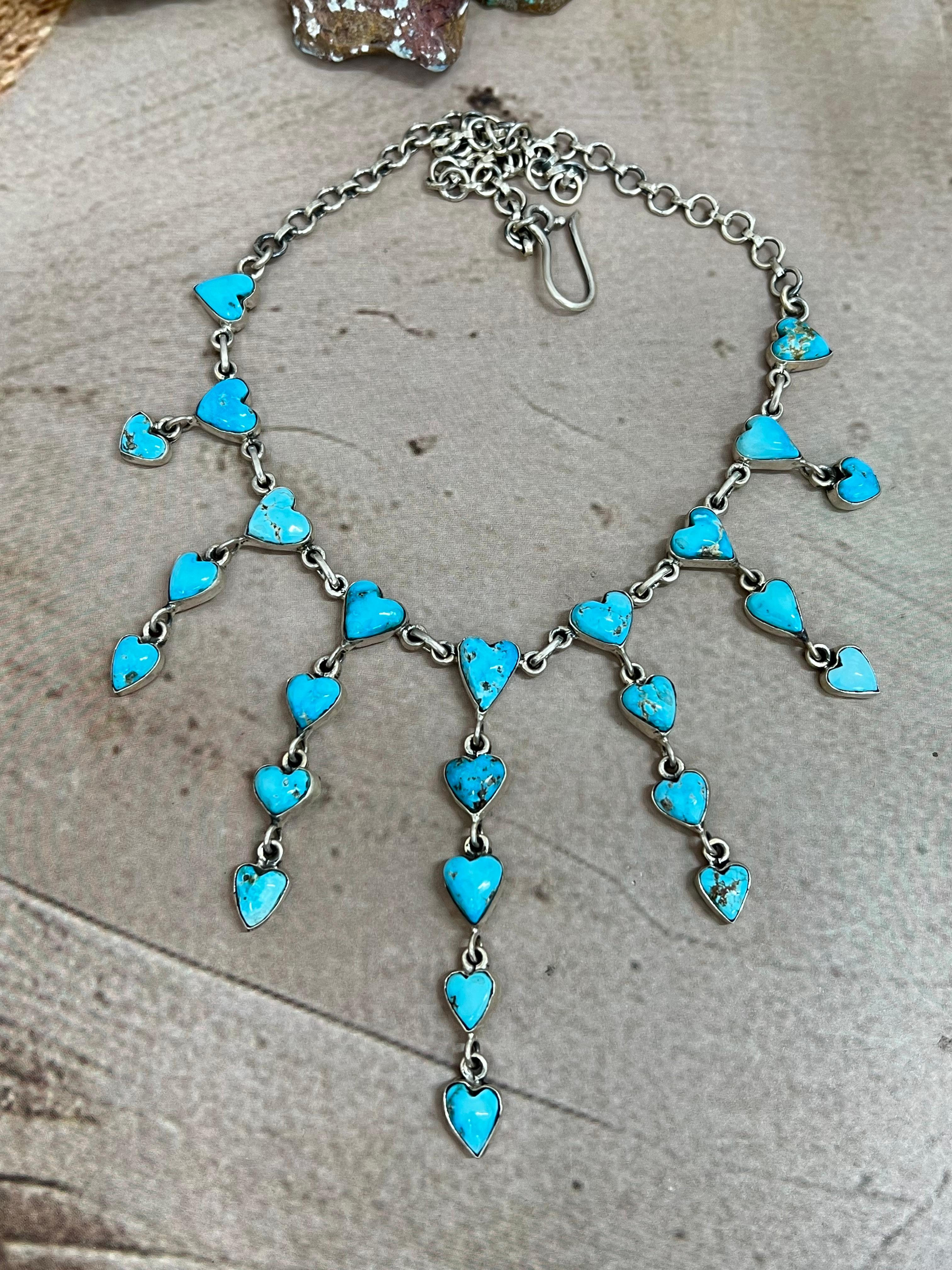 Handmade Sterling Silver Blue Bird Turquoise Necklace with Signed Nizhoni