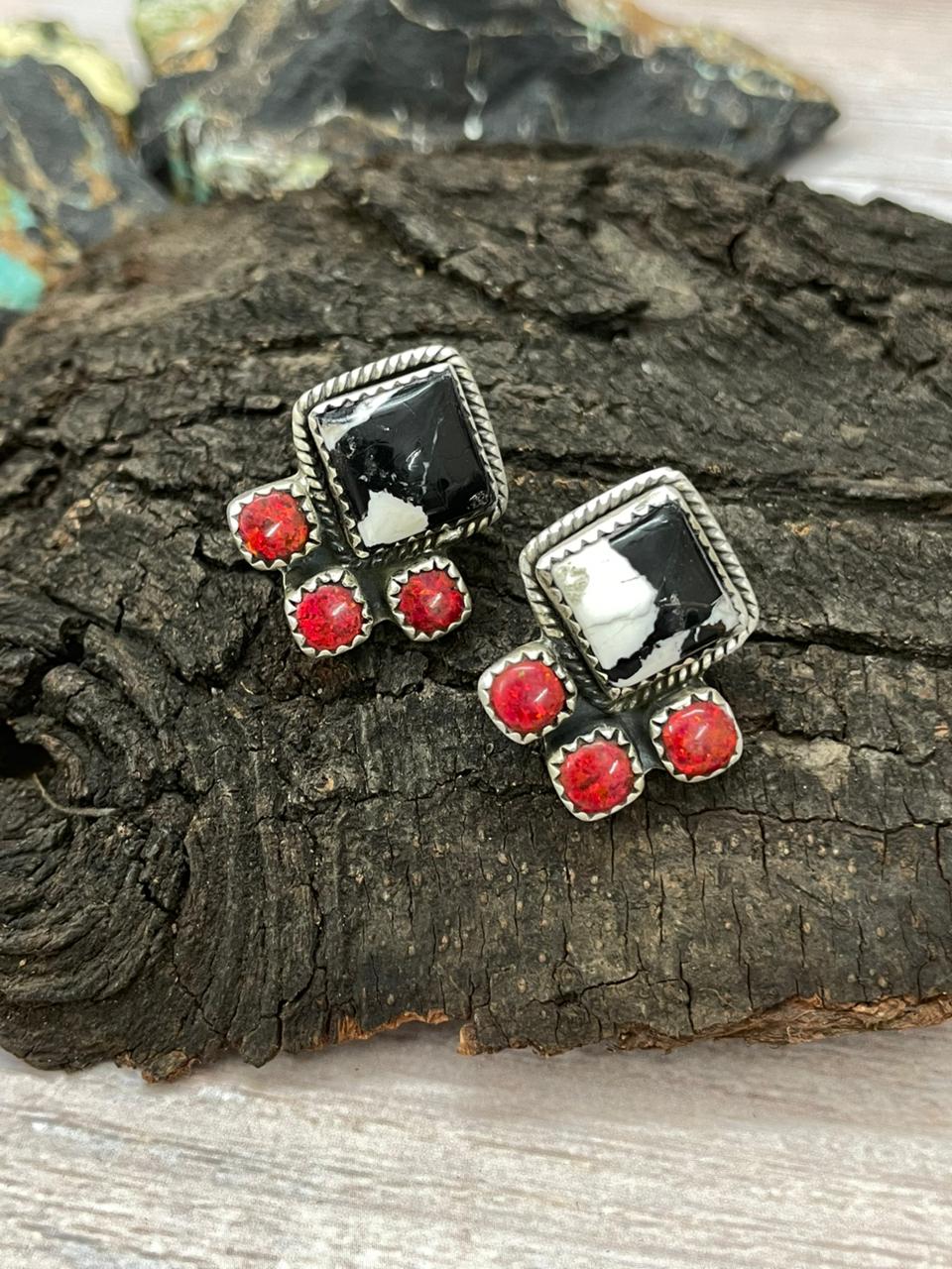 "Christmas Collection" Handmade Sterling Silver White Buffalo with Red Opal Studs Earrings "Signed Nizhoni"