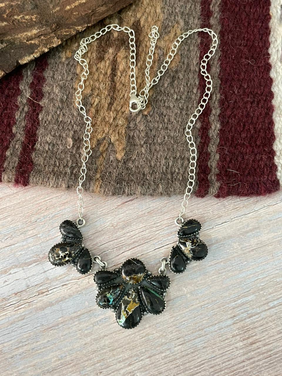 Handmade Sterling Silver Blackjack Turquoise Necklace "Signed Nizhoni"