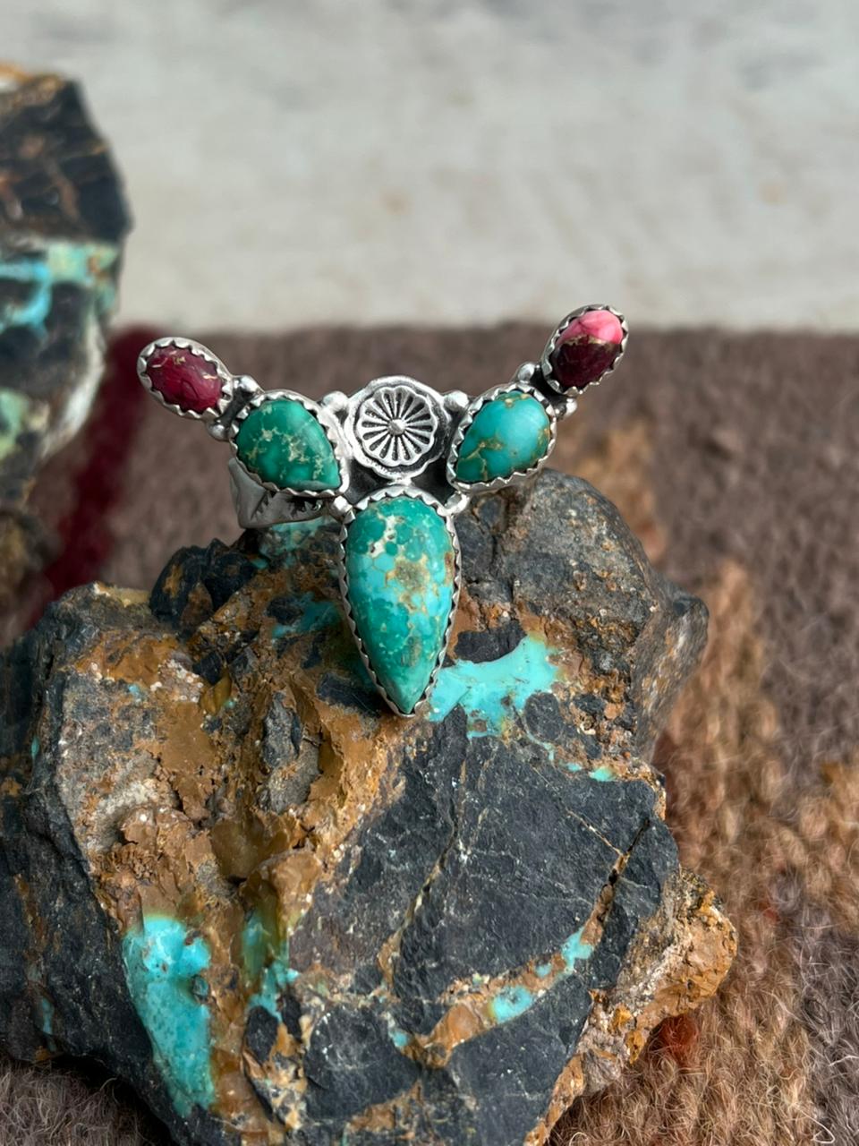 Handmade Sterling Silver Dahlia Rose With Emerald Valley Turquoise Ring "Signed Nizhoni"