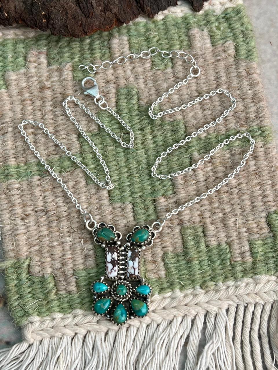 Handmade Sterling Silver Kingman Turquoise with Wildhorse Magnesite Necklace "Signed Nizhoni"