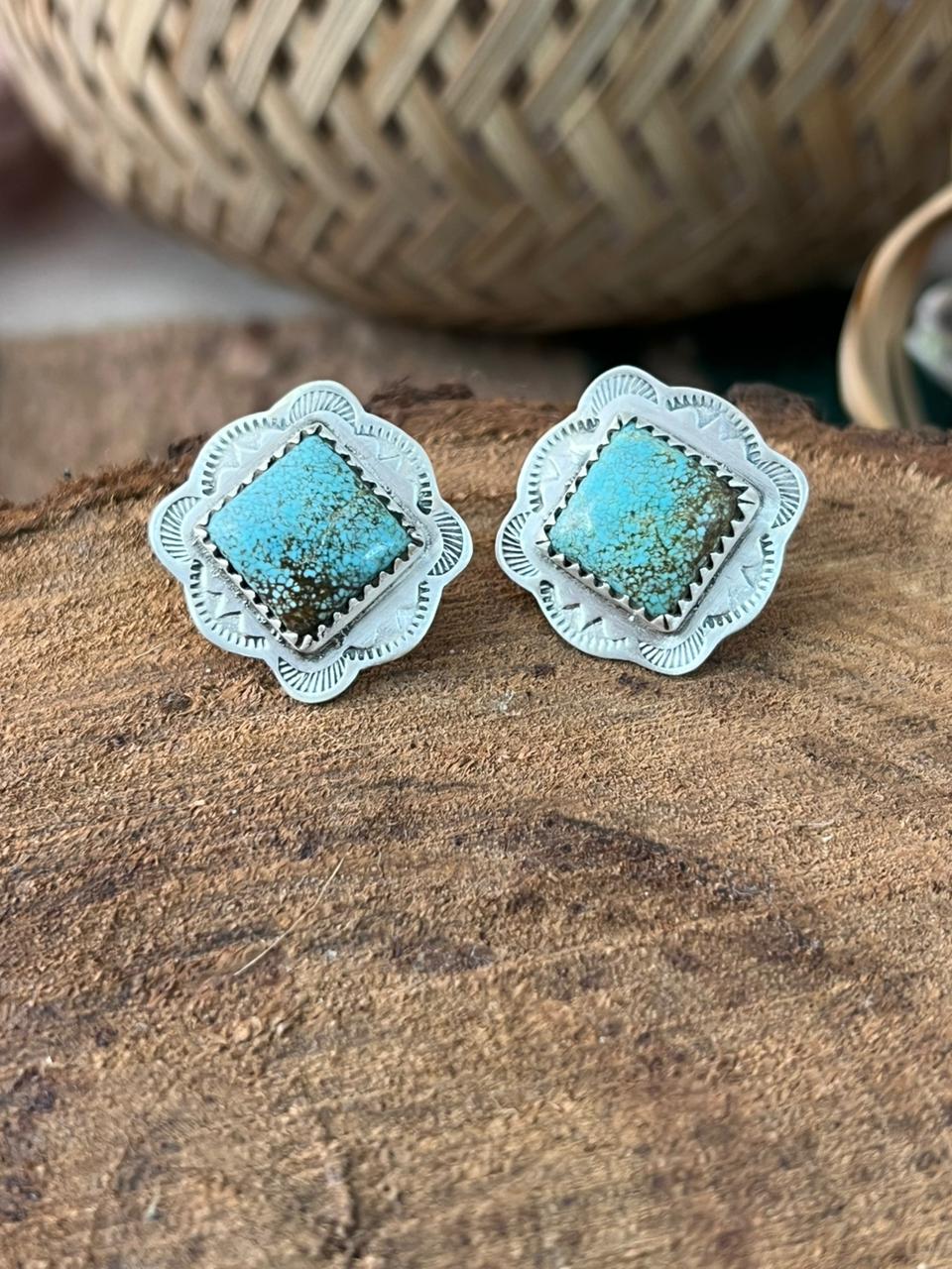 Handmade Sterling Silver Number 8 Turquoise Post Studs Earrings Signed Nizhoni