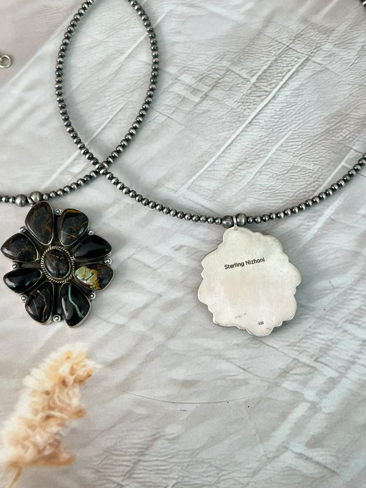 Handmade Sterling Silver Blackjack Turquoise Collection: Beaded Necklace Signed Nizhoni
