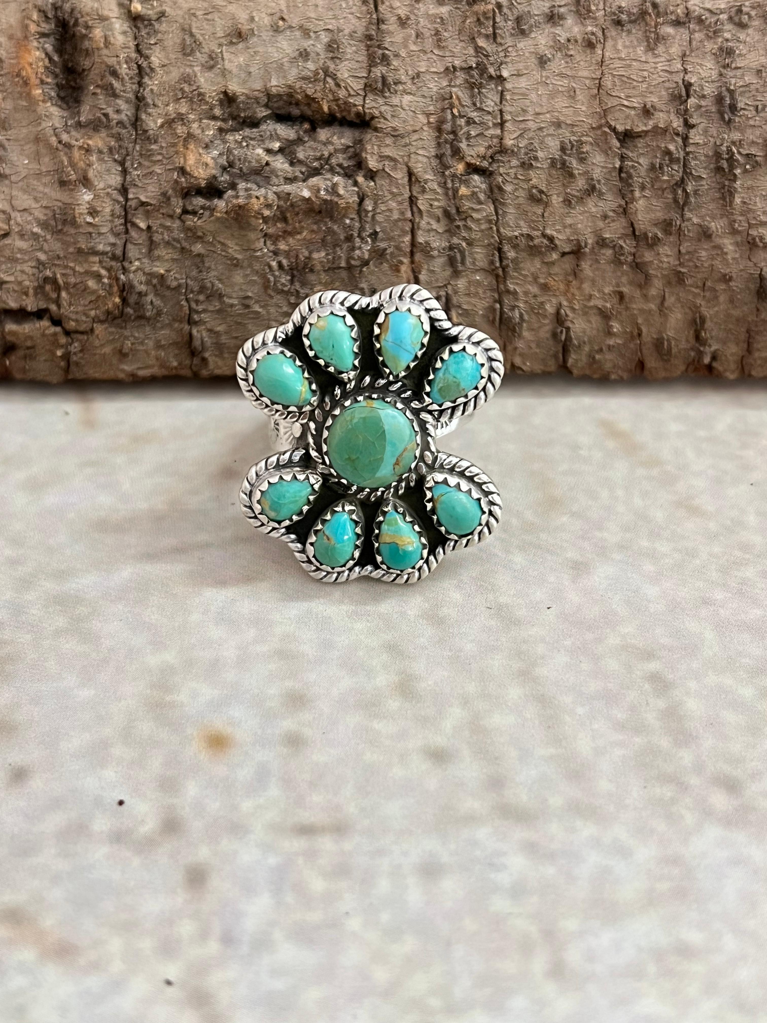 Handmade Sterling Silver Kingman Turquoise Adjustable Ring, Signed Nizhoni