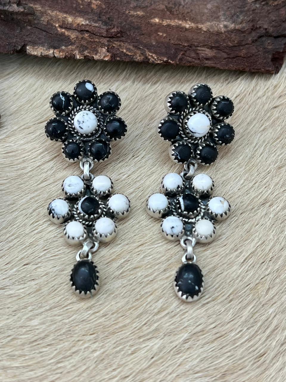 Handmade Sterling Silver White Buffalo Post Dangle Earrings "Signed Nizhoni" (6)