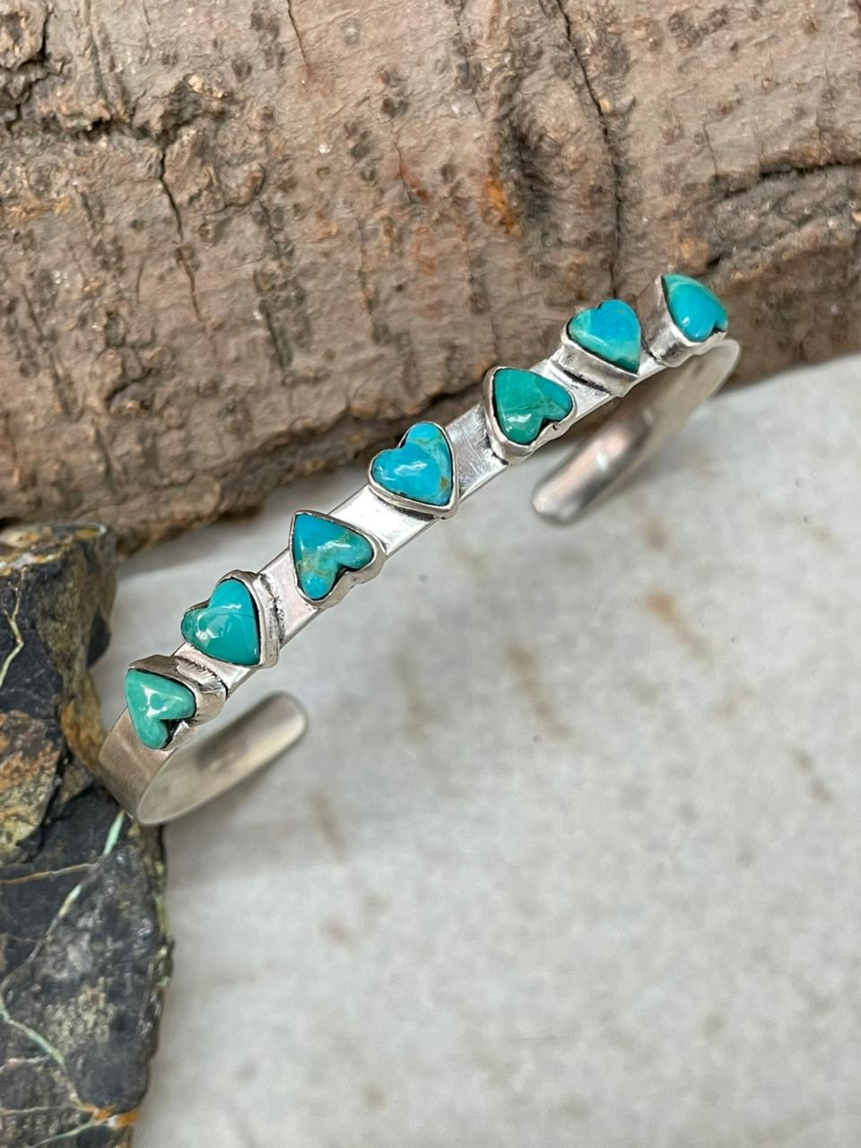 "Heart Collection" Handmade Sterling Silver Kingman Turquoise Bracelet "Signed Nizhoni"