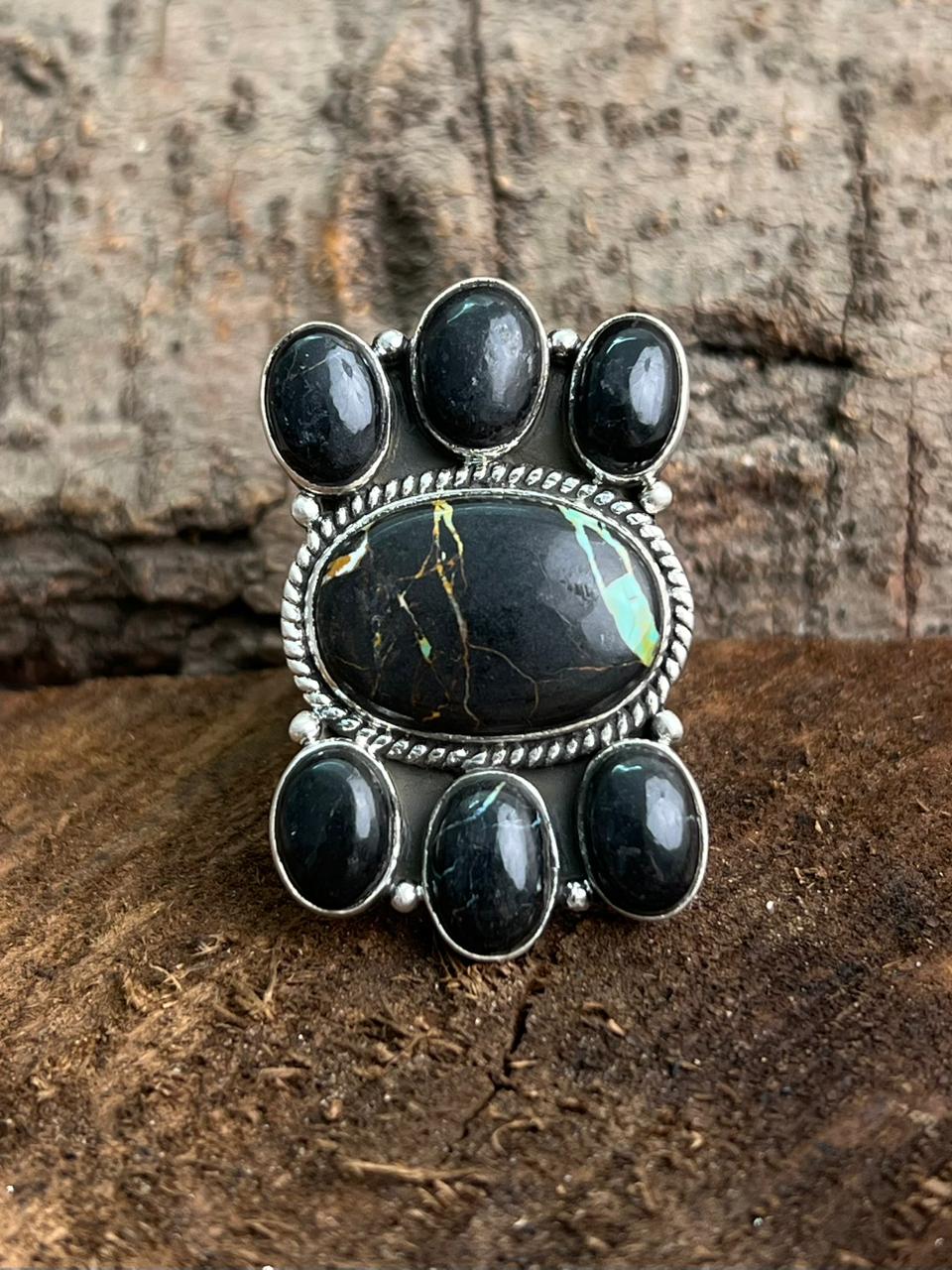 Handmade Sterling Silver Blackjack Turquoise Adjustable Ring "Signed Nizhoni"