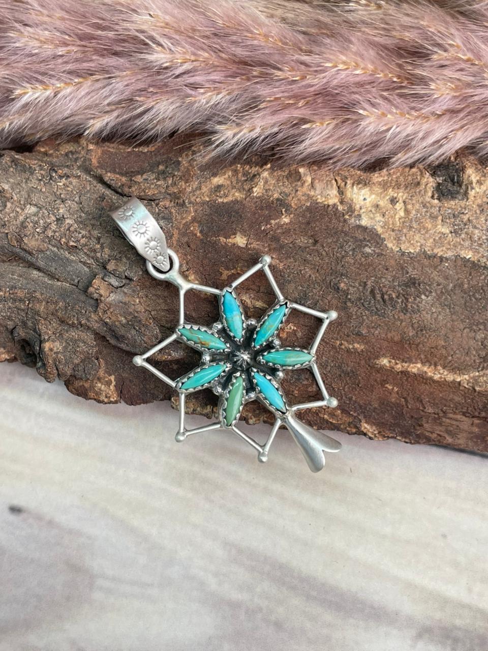 Handmade Sterling Silver Kingman Turquoise Squash Blossom Pendant Signed Nizhoni