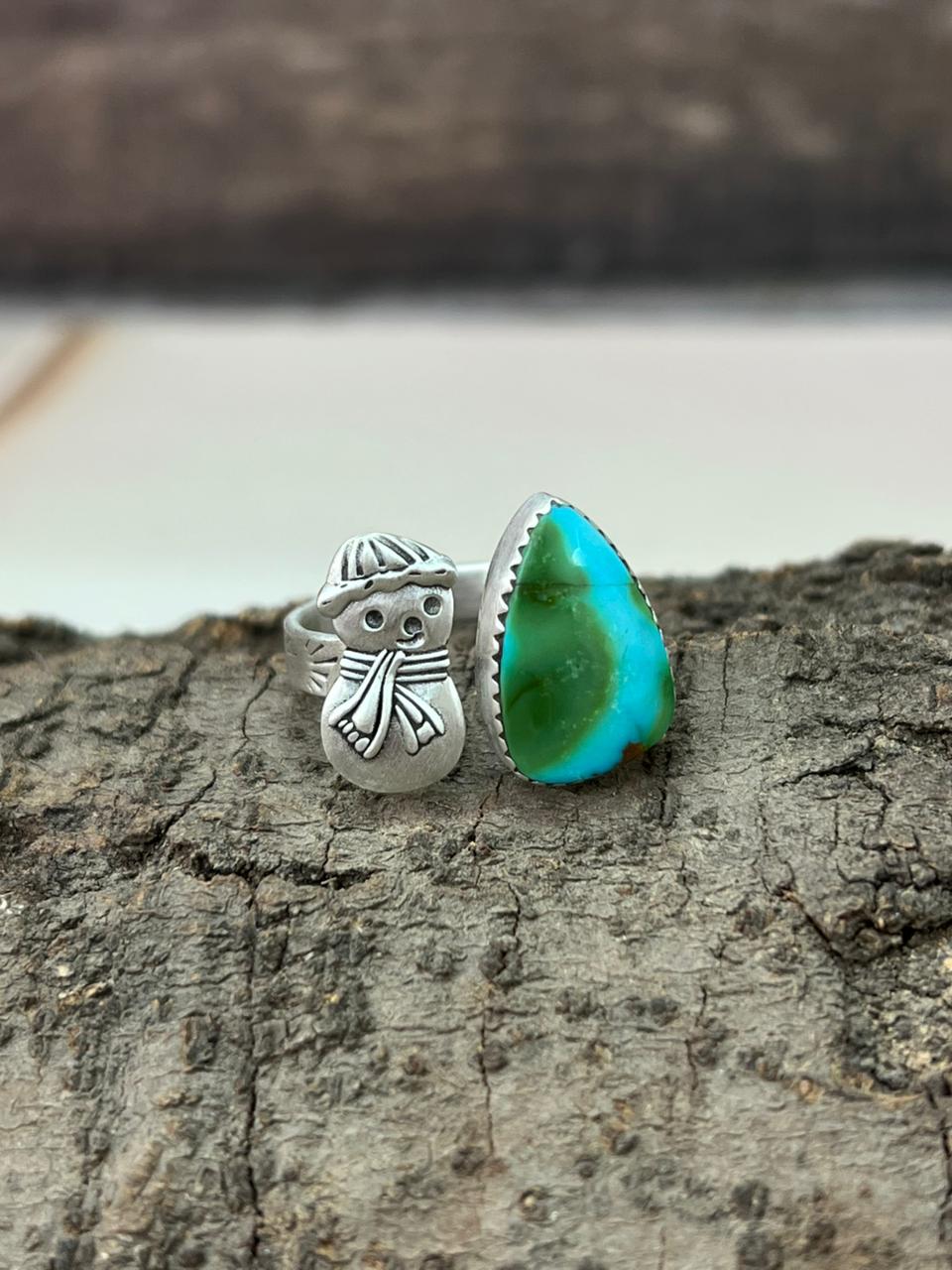 Handmade Sterling Silver Sonoran Mountain Turquoise Snowman Adjustable Ring "Signed Nizhoni"
