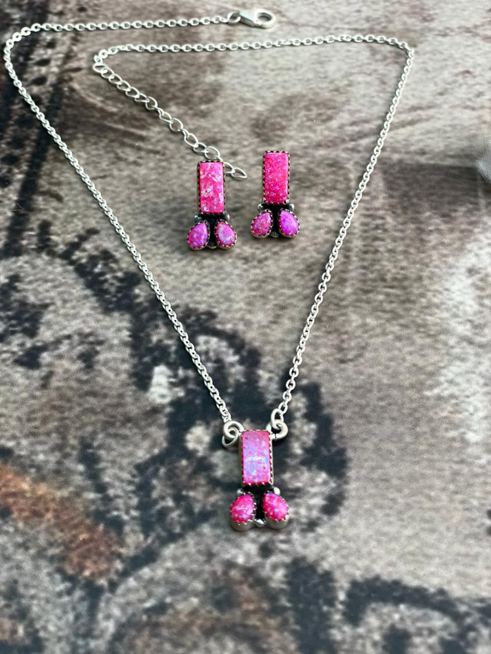 Handmade Sterling Silver Hot Pink Necklace Earrings Set "Signed Nizhoni"