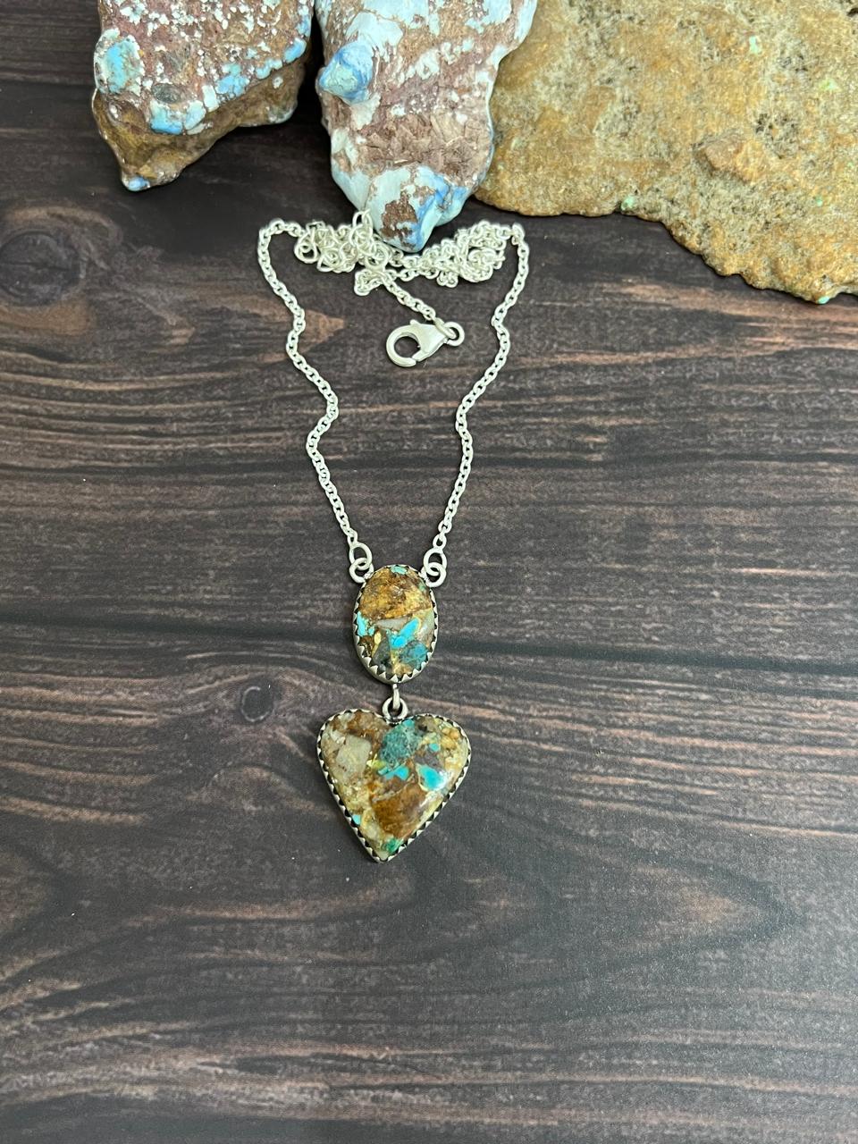 Handmade Sterling Silver Royston Turquoise Heart Necklace with Signed Nizhoni