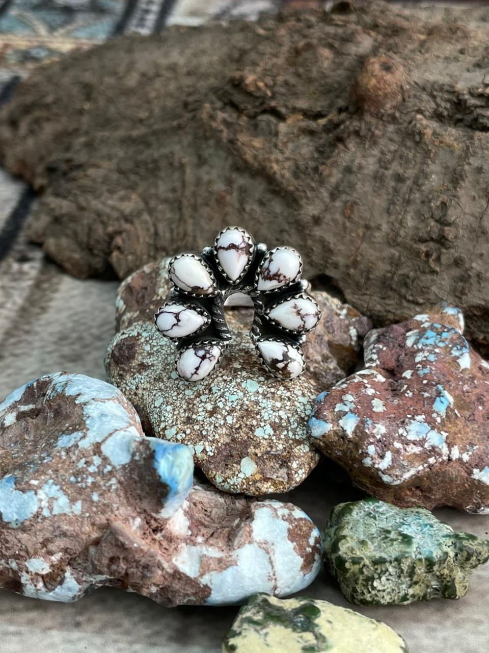 Handmade Sterling Silver Wild Horse Magnesite Naja Adjustable Ring "Signed Nizhoni"