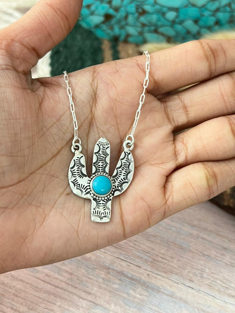 Handmade Sterling Silver Kingman Turquoise Cactus Necklace "Signed Nizhoni"