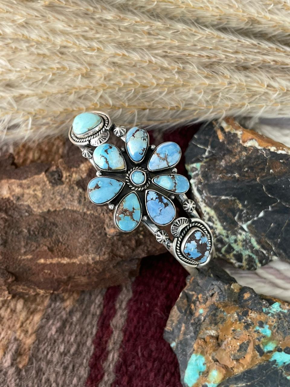 Handmade Sterling Silver Golden Hills Turquoise Cuff Bracelet "Signed Nizhoni"