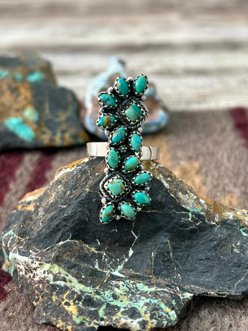 Handmade Sterling Silver Kingman Turquoise Adjustable Ring "Signed Nizhoni"