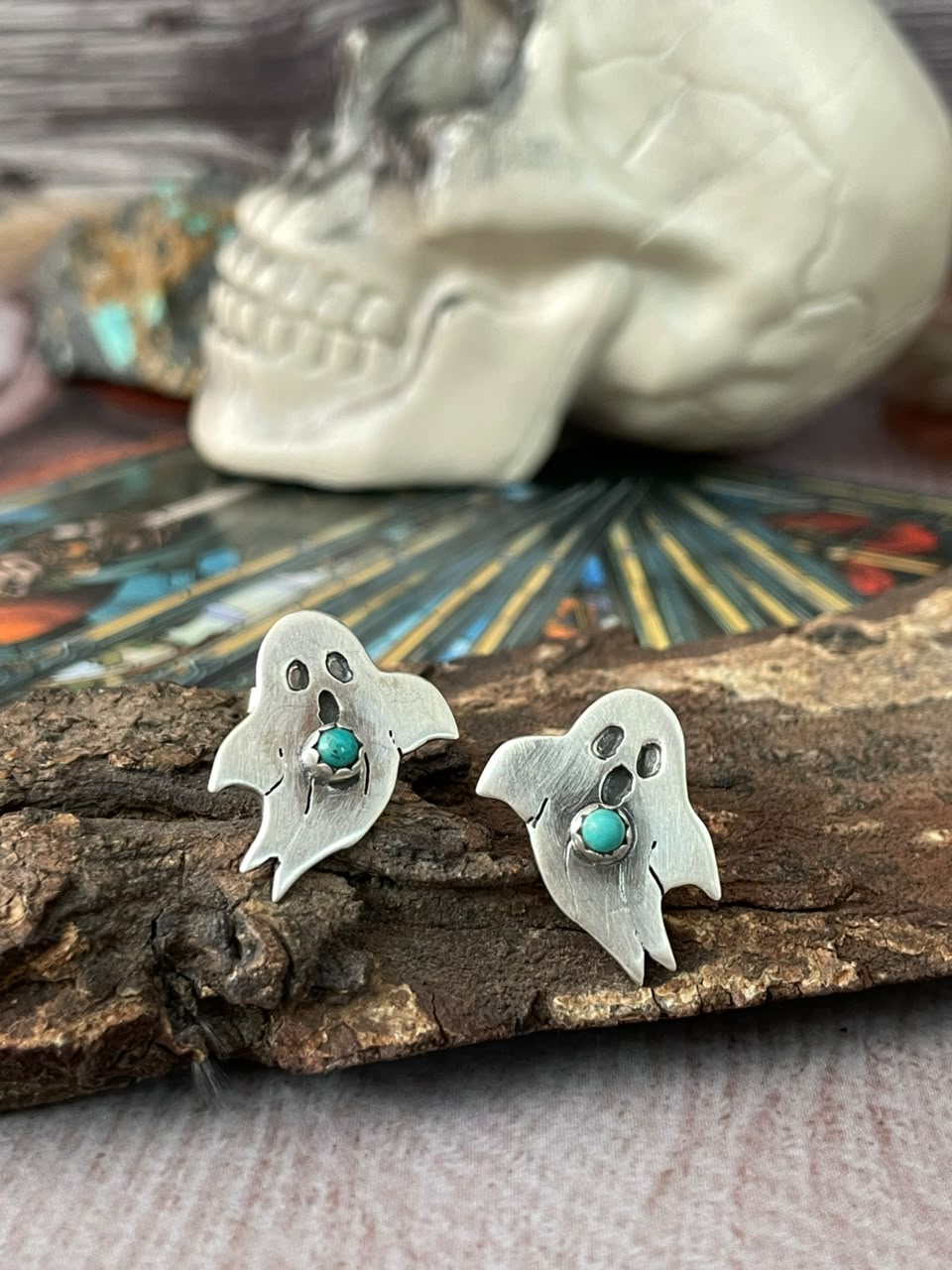 Handmade Sterling Silver Kingman Turquoise Halloween Collection: Post Studs Earrings Signed Nizhoni
