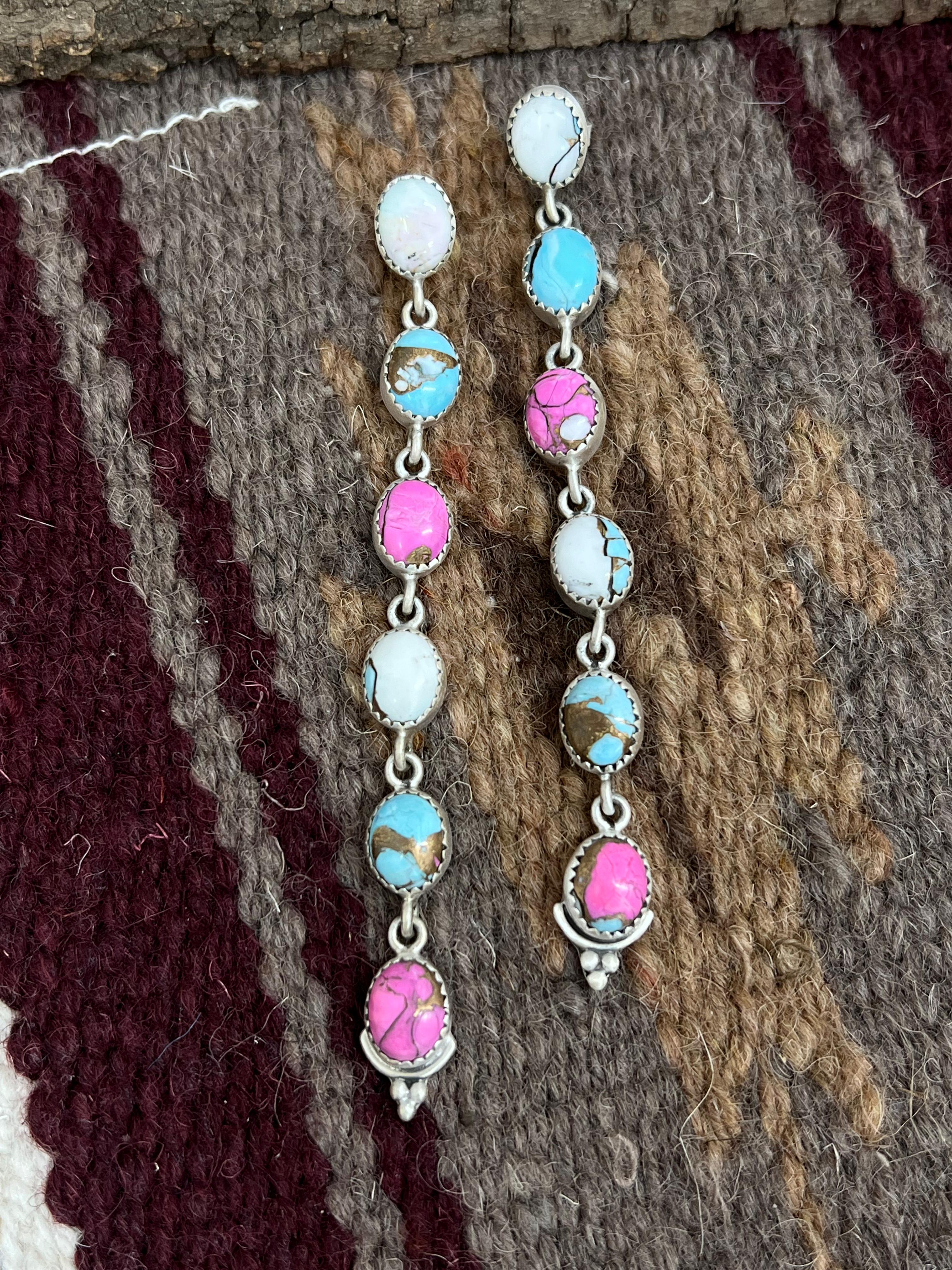 Handmade Sterling Silver Cotton Candy Turquoise Post Dangle Earrings with Signed Nizhoni