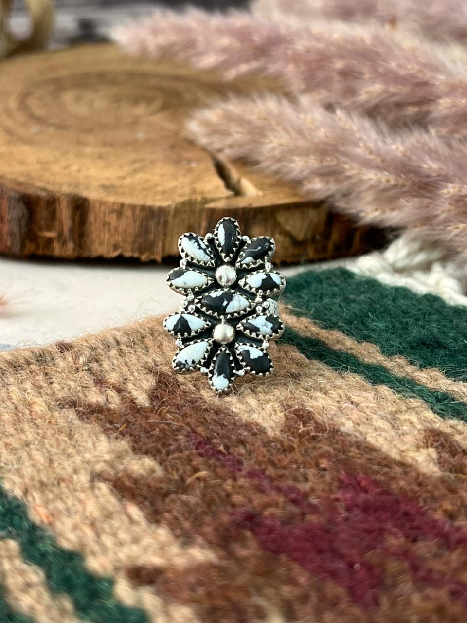 Handmade Sterling Silver White Buffalo Adjustable Ring Signed Nizhoni