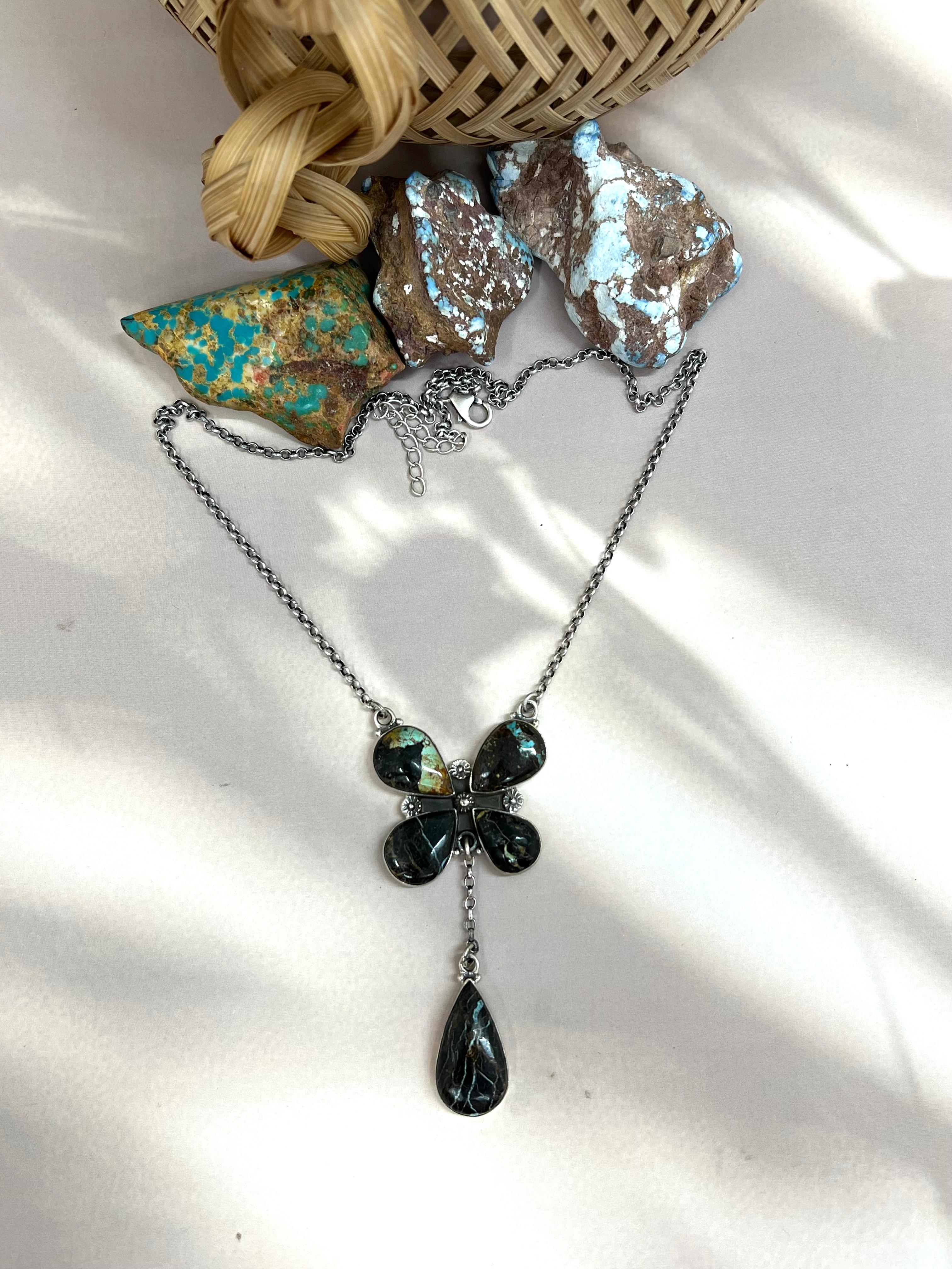 Handmade Sterling Silver Blackjack Turquoise Necklace Signed Nizhoni