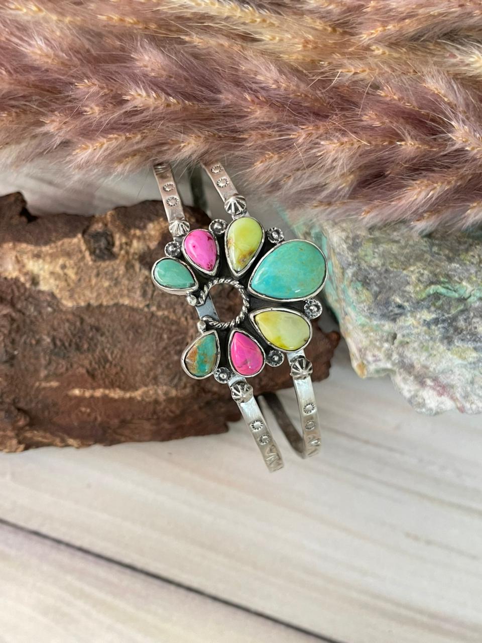 Handmade Sterling Silver Carico Lake with Cotton Candy and Palomino Turquoise Naja Cuff Bracelet Signed Nizhoni