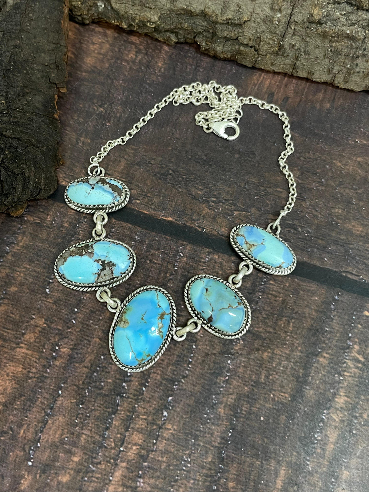 Handmade Sterling Silver Golden Hills Turquoise Necklace with Signed Nizhoni