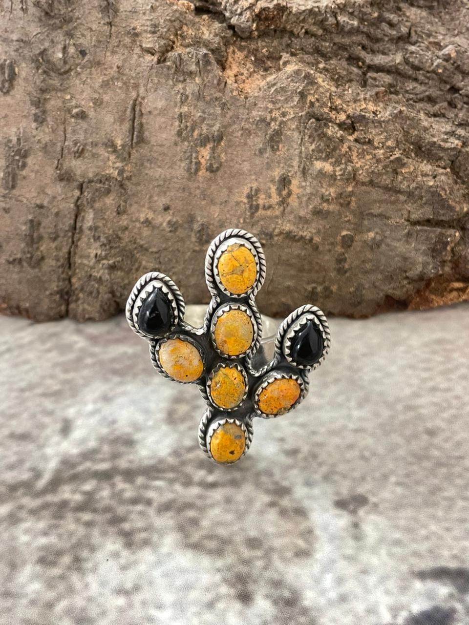 "Halloween Collection" Handmade Sterling Silver Black Onyx, Bumblebee Cactus Adjustable Ring with Signed Nizhoni