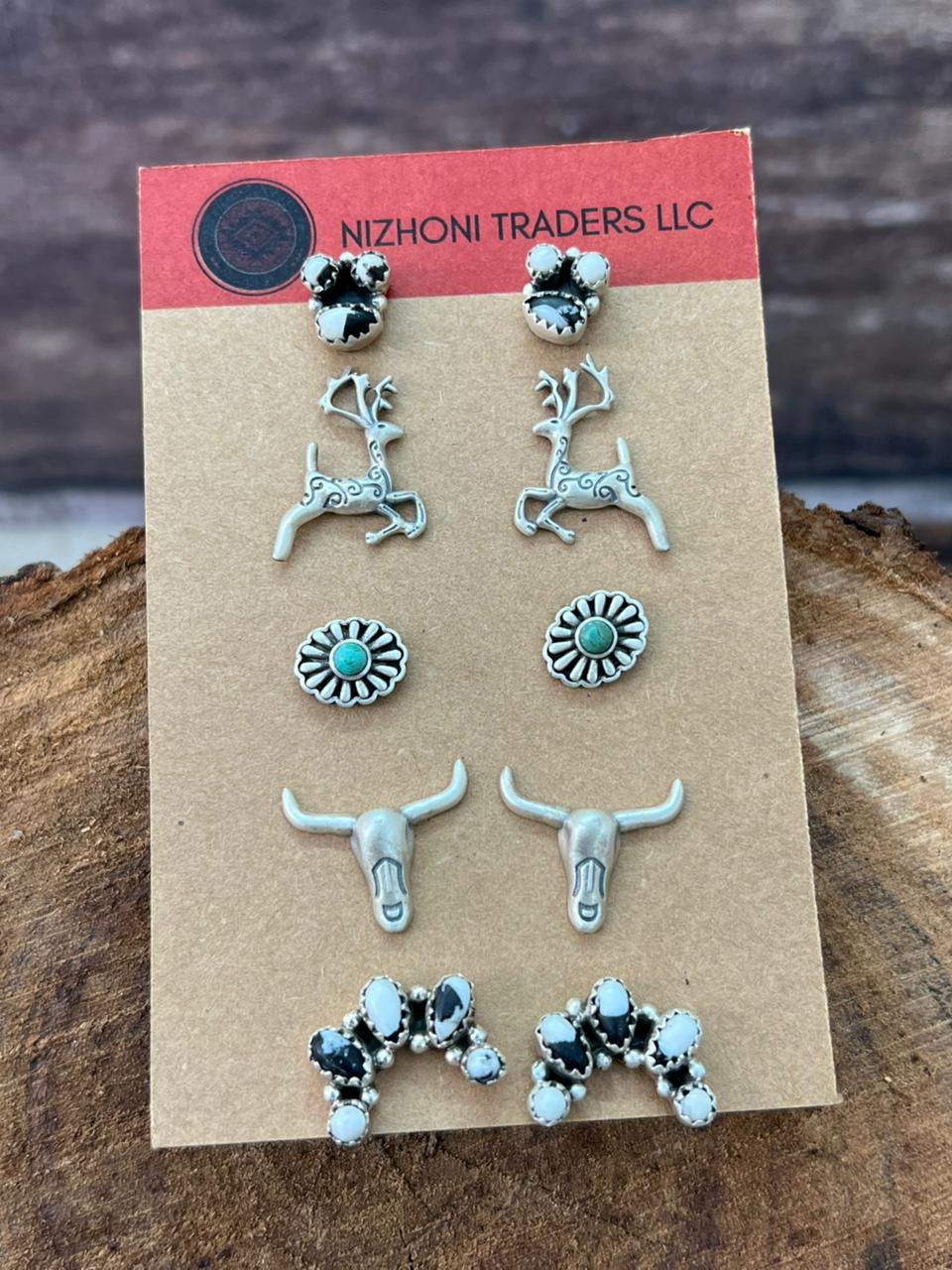 Handmade Sterling Silver White Buffalo with Kingman Turquoise Post Studs Earrings Set (1)