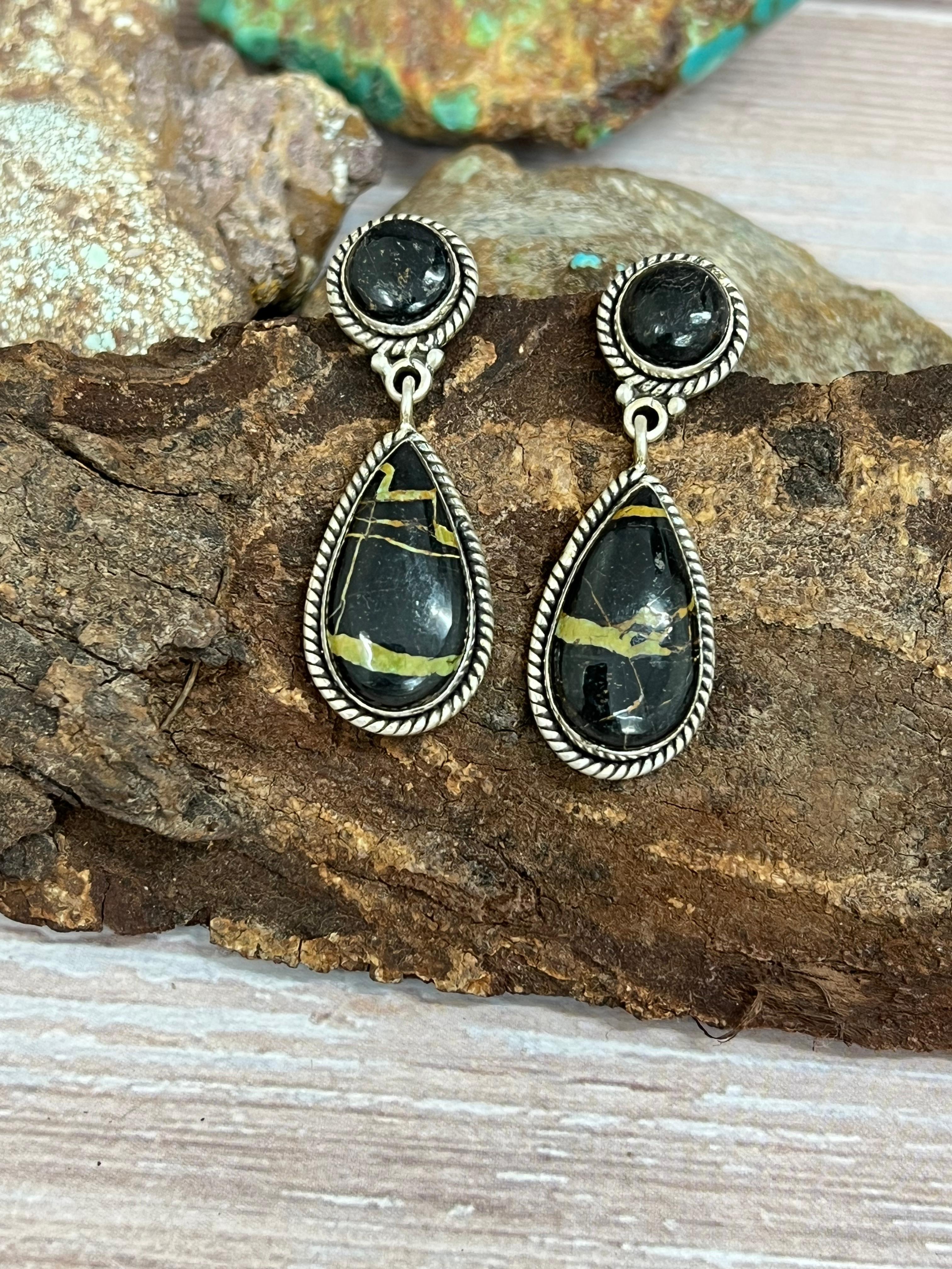 Handmade Sterling Silver Blackjack Turquoise Post Dangle Earrings with Signed Nizhoni