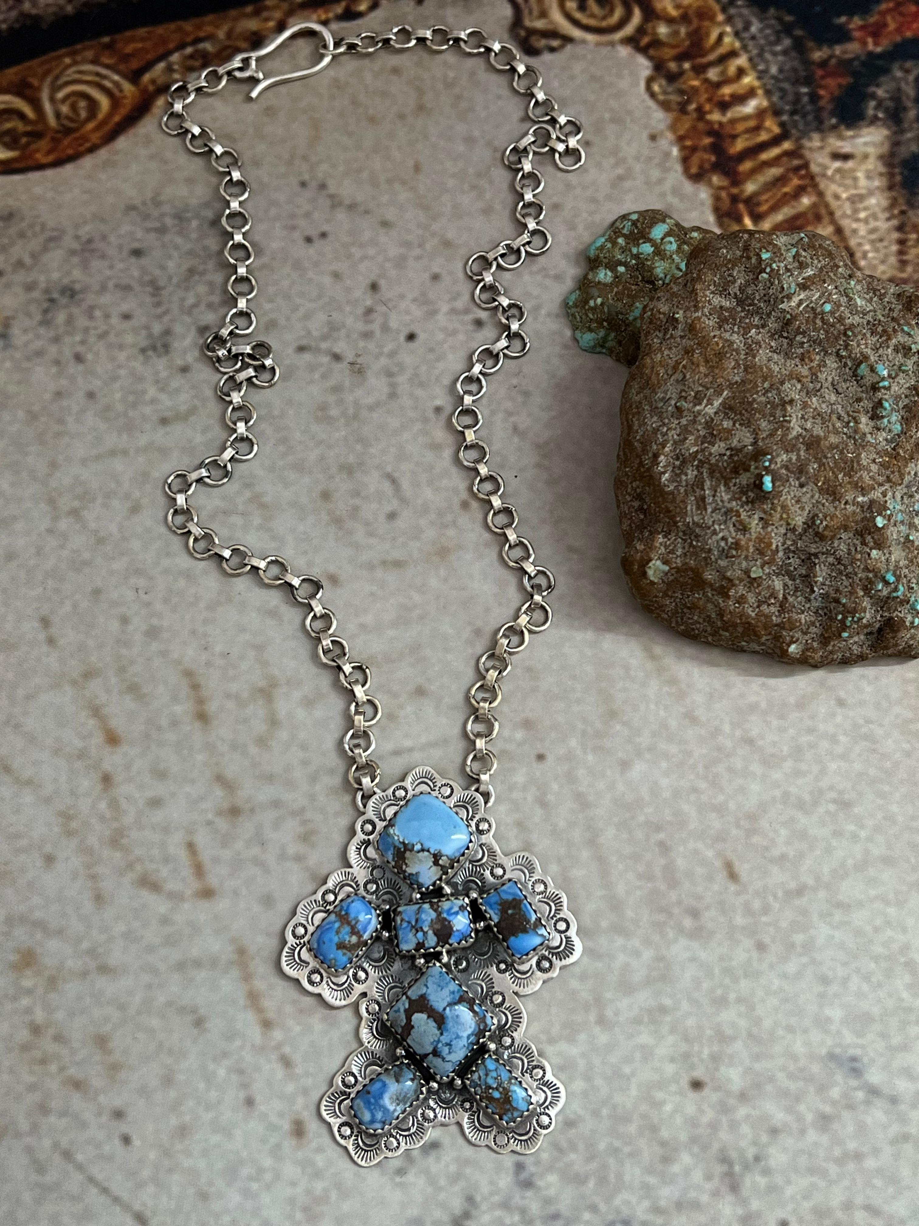 Handmade Sterling Silver Golden Hills Turquoise Necklace with Signed Nizhoni