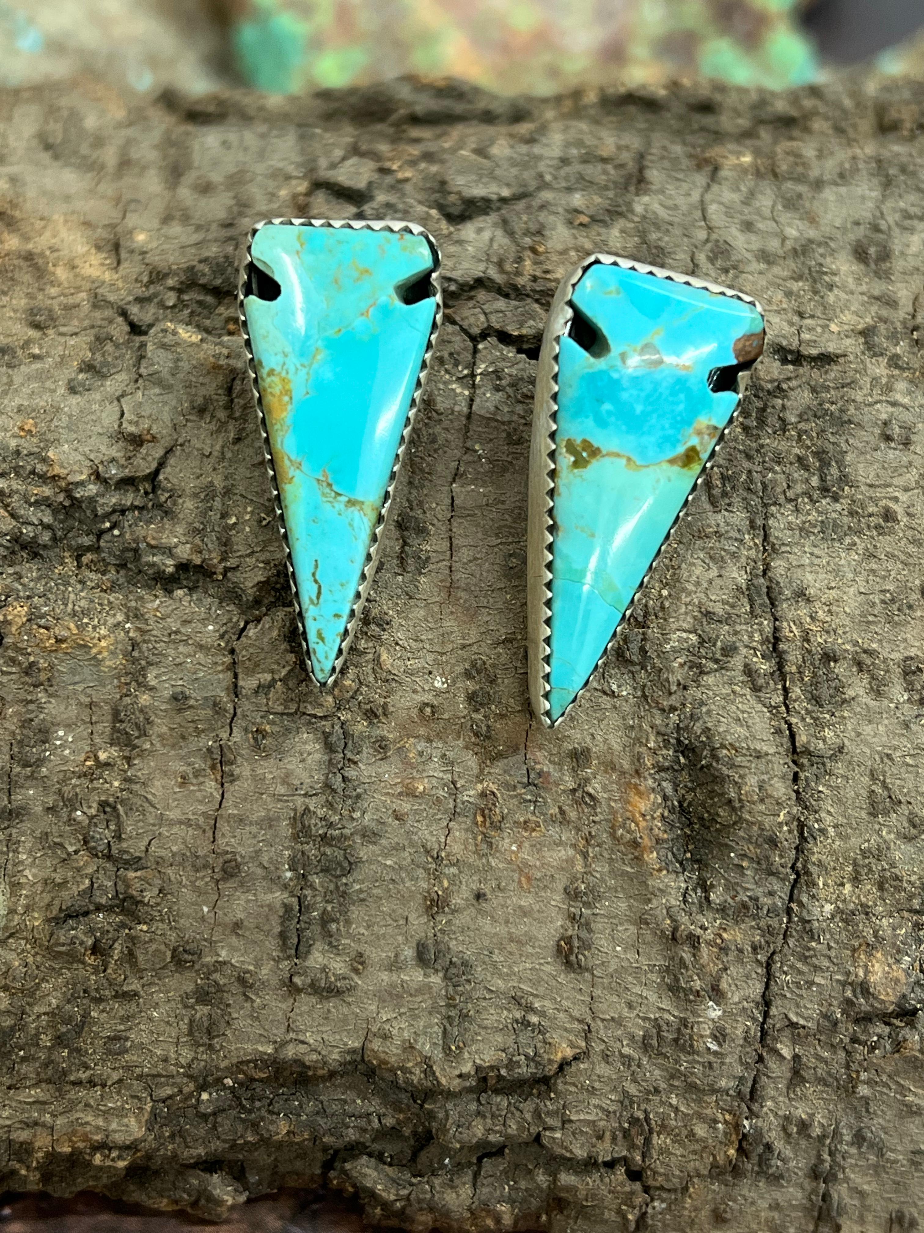 Handmade Sterling Silver Kingman Turquoise Post Earrings with Signed Nizhoni