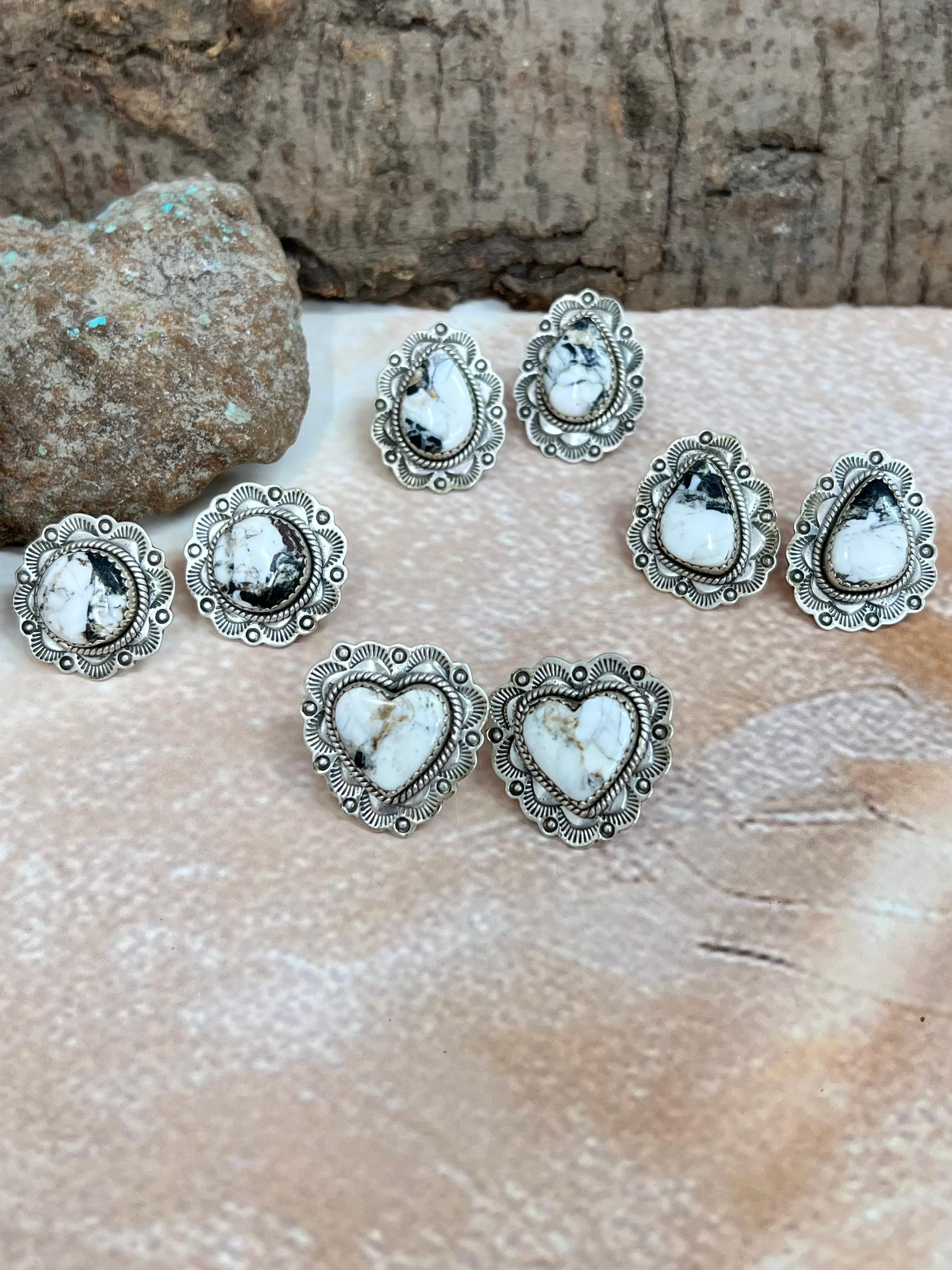 Handmade Sterling Silver White Buffalo Turquoise Post Earrings with Signed Nizhoni (9)