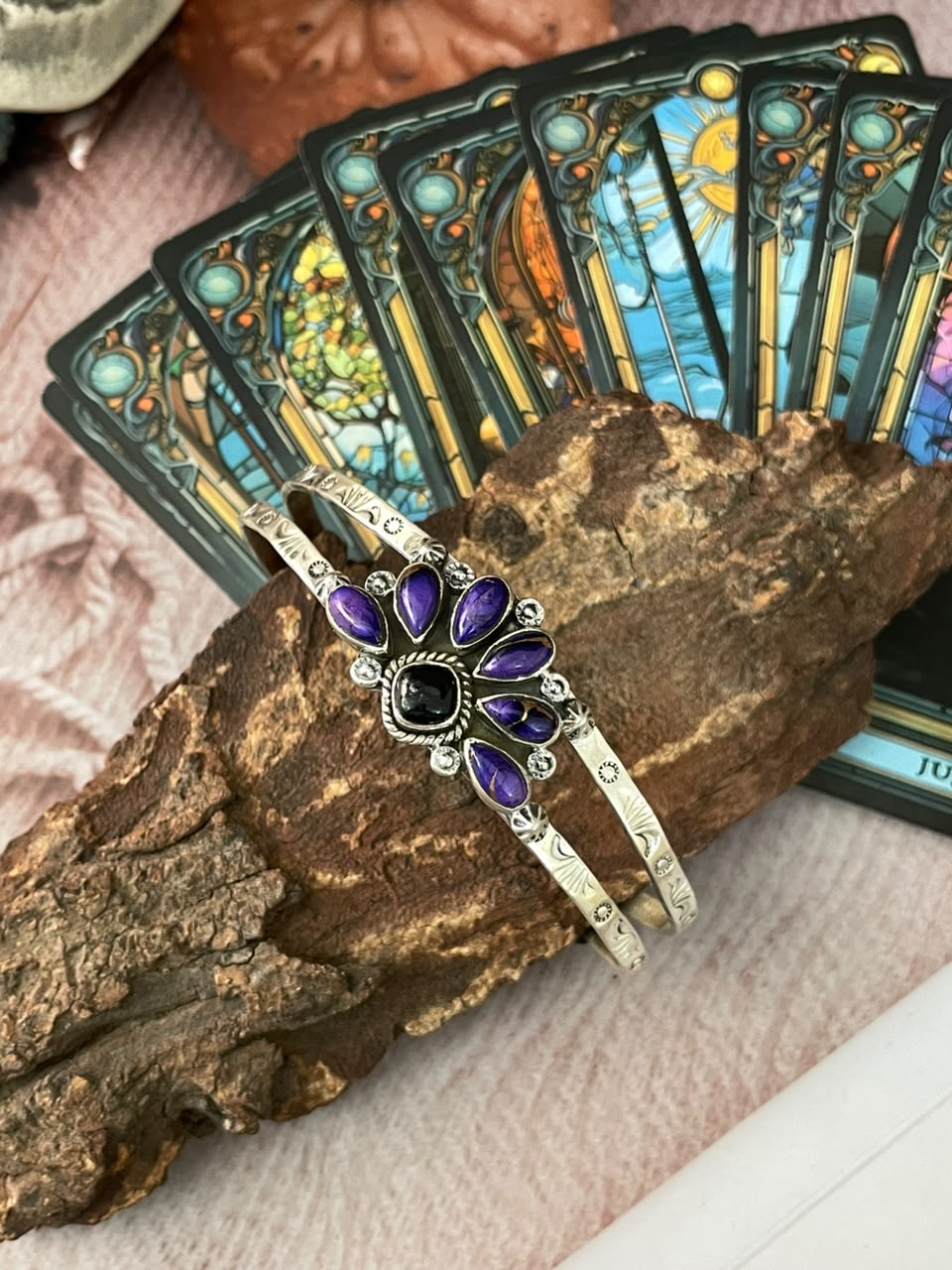 Handmade Sterling Silver Grape Dahlia with Black Onyx Halloween Collection: Cuff Bracelet Signed Nizhoni