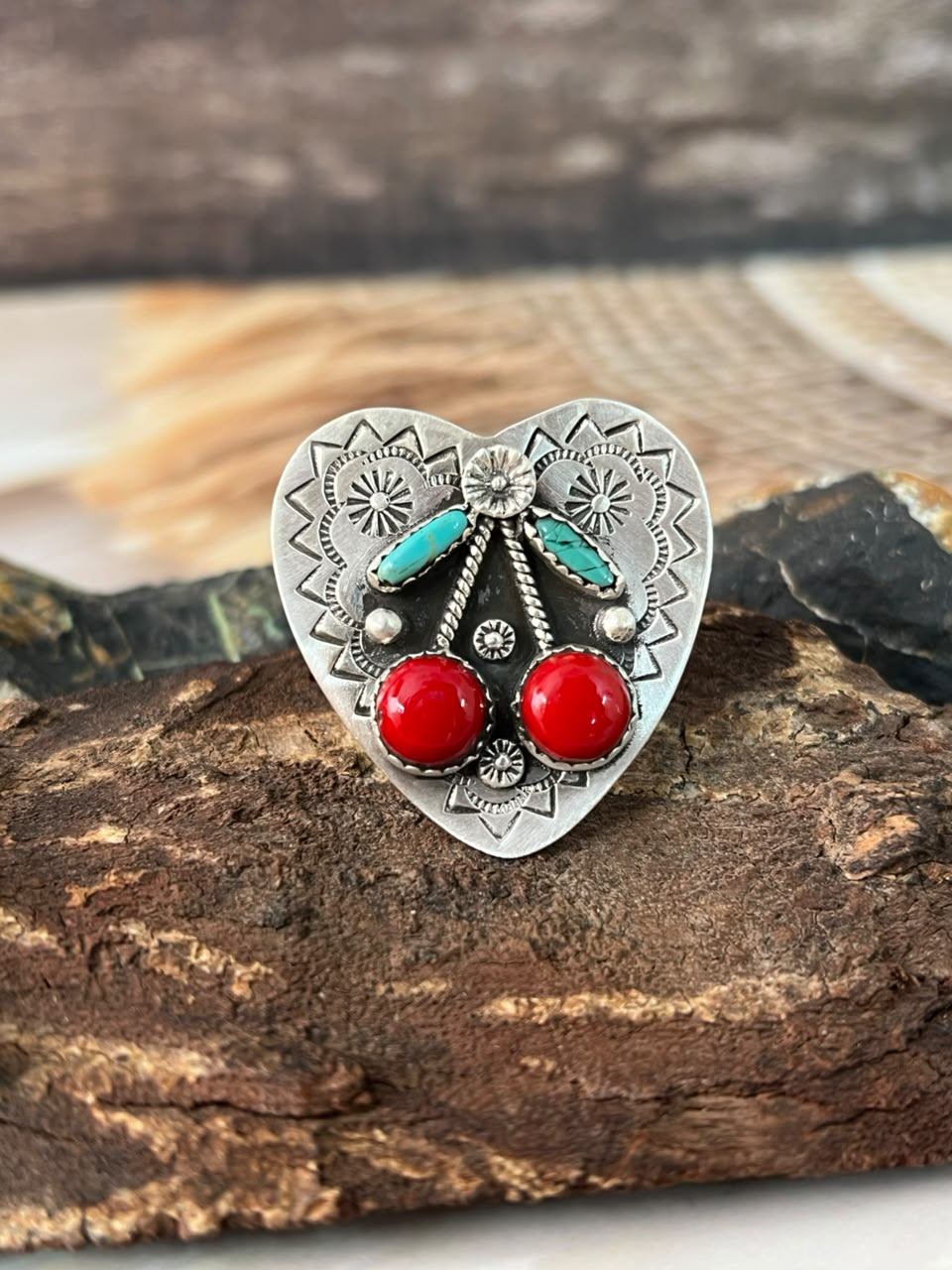Handmade Sterling Silver Kingman Turquoise with Rosarita Adjustable Cherry Ring Signed Nizhoni