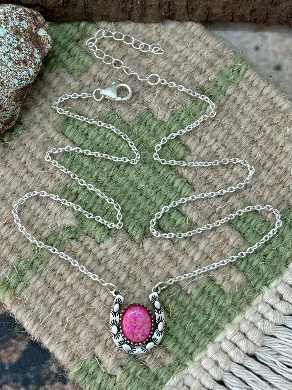 Handmade Sterling Silver Hot Pink Horseshoe Necklace "Signed Nizhoni"