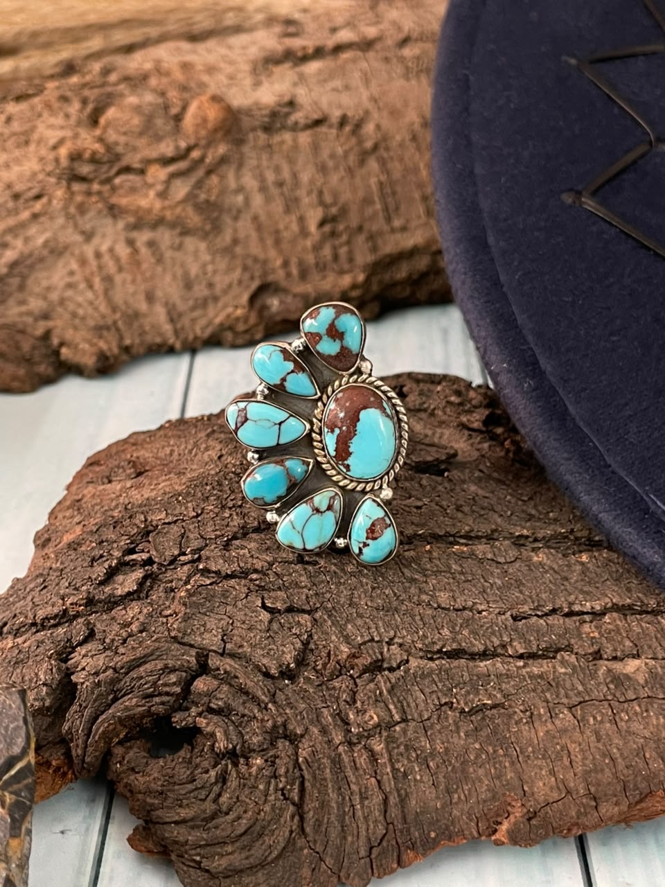 Handmade Sterling Silver Egyptian Turquoise Collection: Adjustable Ring Signed Nizhoni