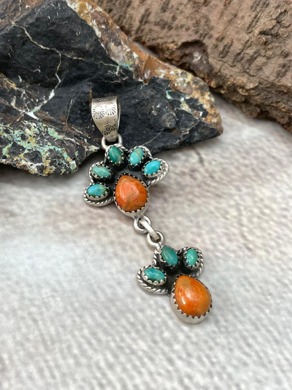 Handmade Sterling Silver Kingman with Orange Mojave Pendant "Signed Nizhoni"