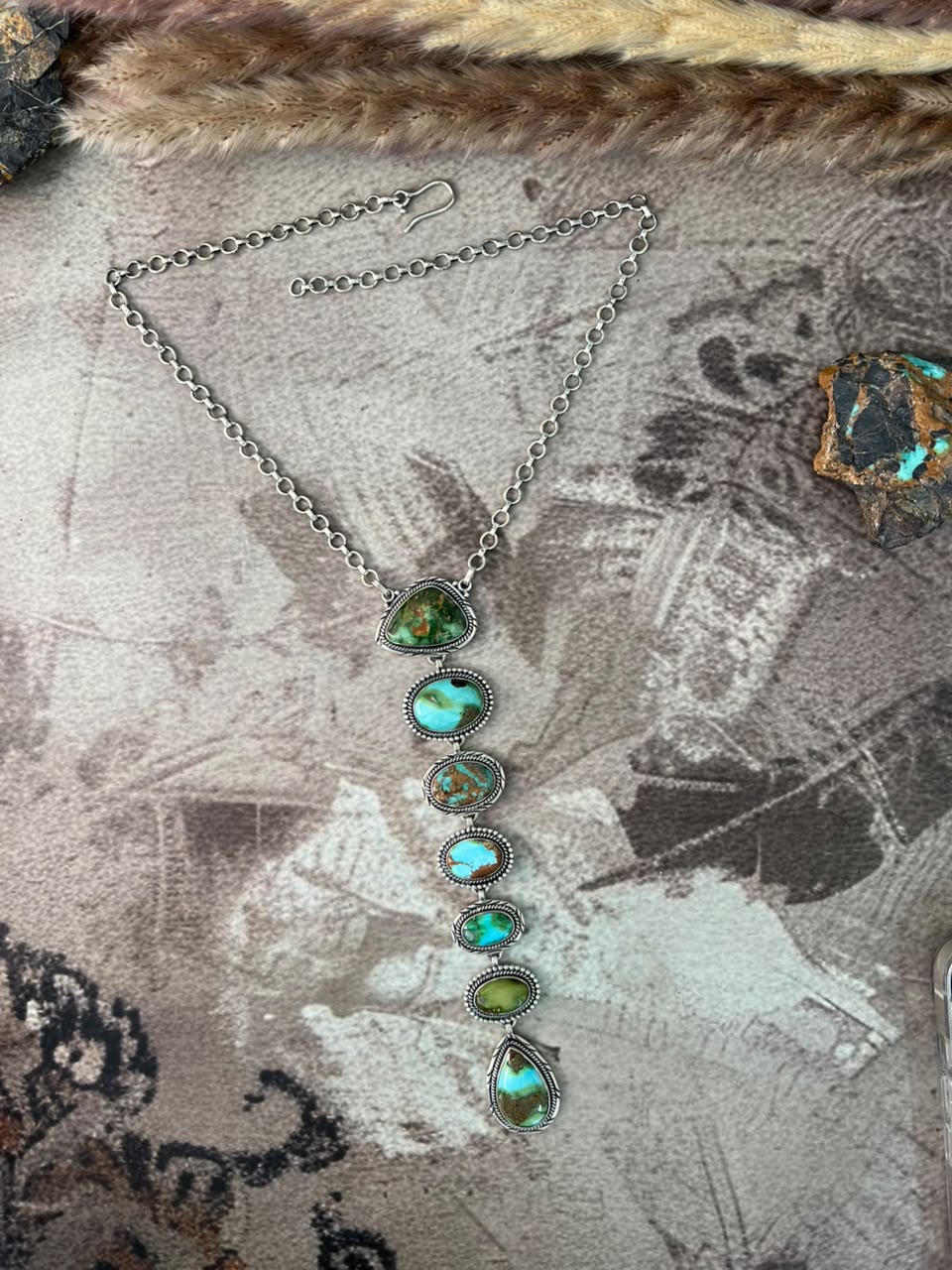 Handmade Sterling Silver Sonoran Mountain Turquoise Drop Necklace Signed Nizhoni