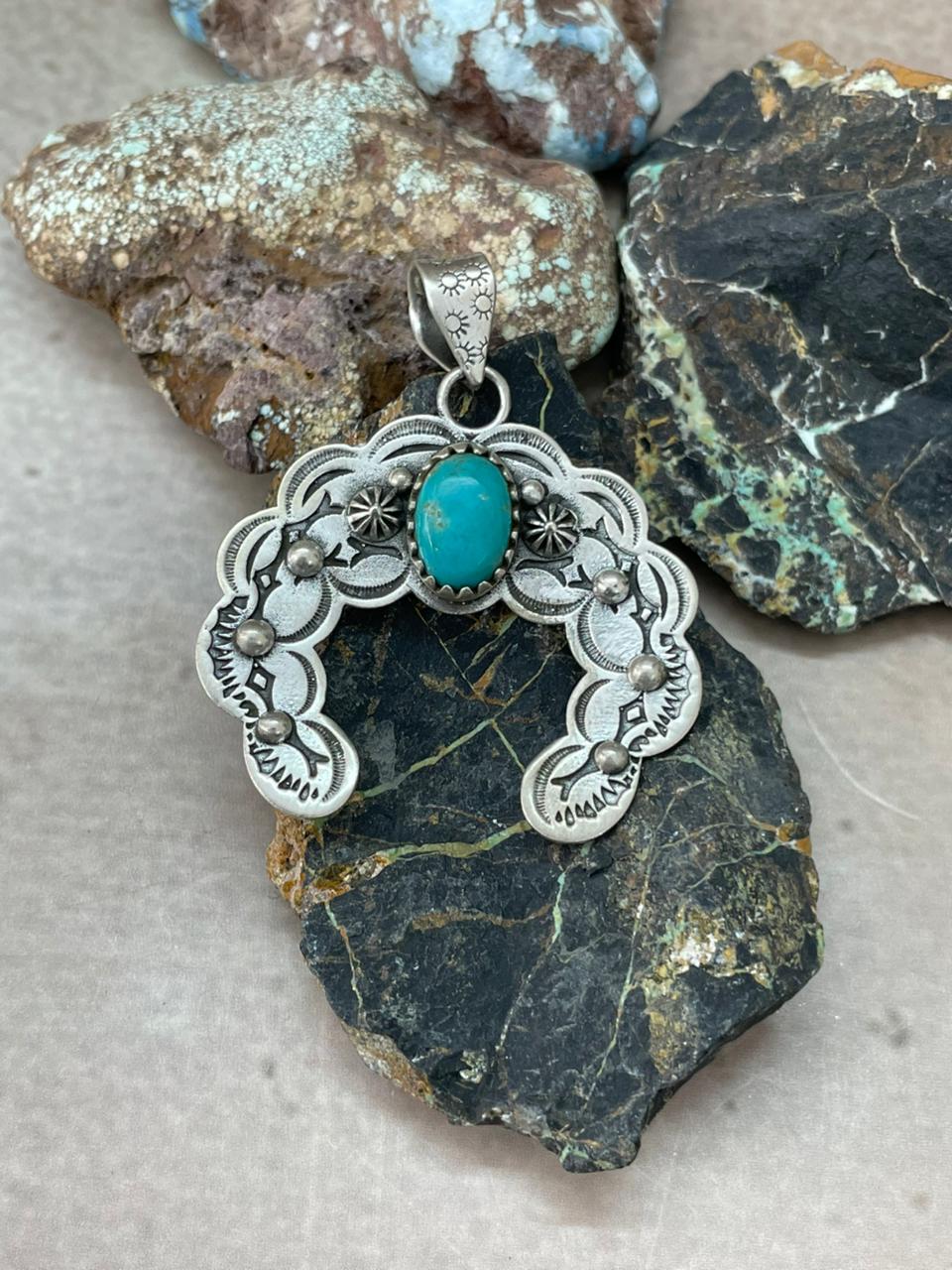 Handmade Sterling Silver Kingman Turquoise Naja Pendant "Signed Nizhoni"
