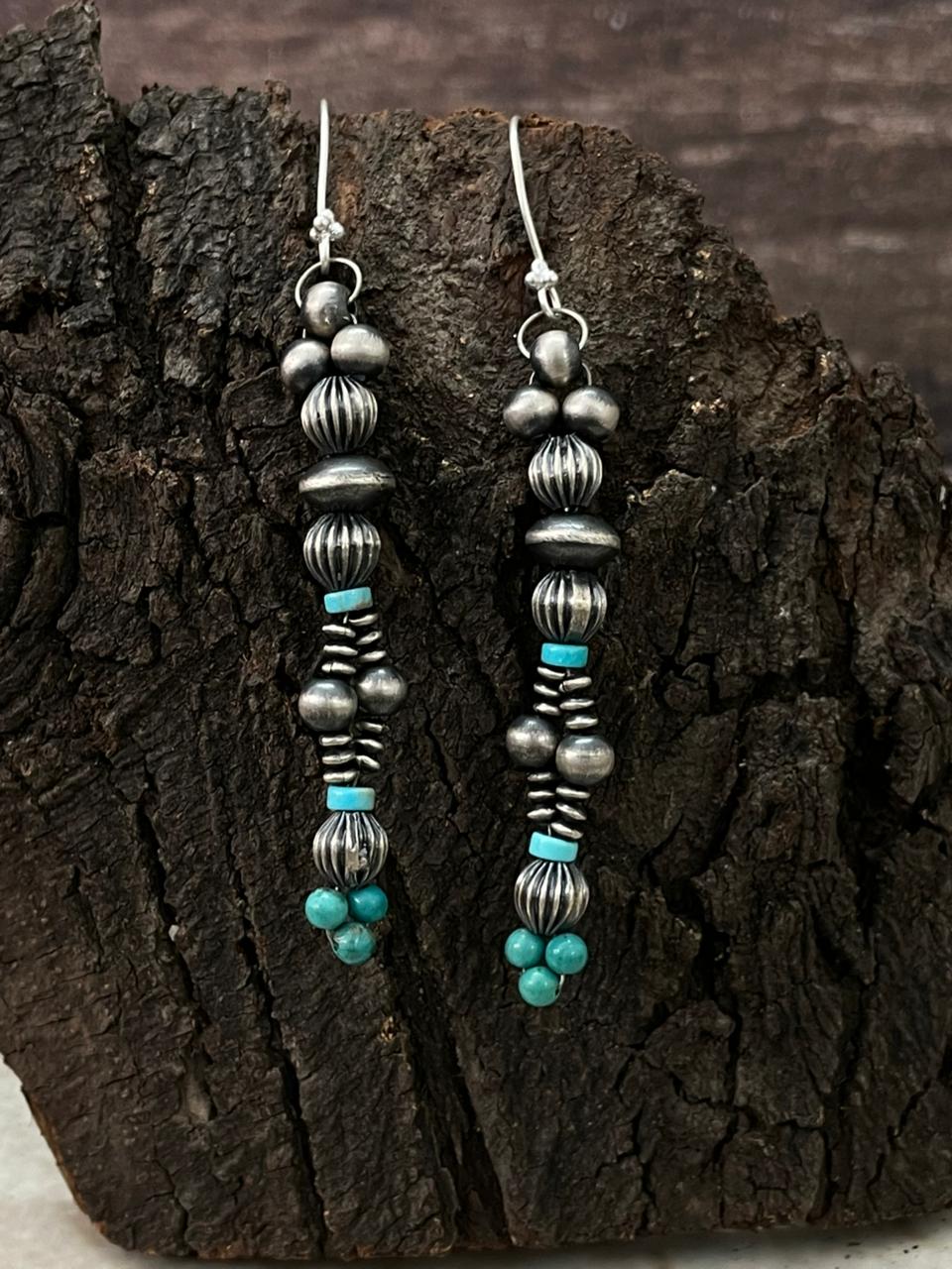 Handmade Sterling Silver Beaded Kingman Turquoise Hook Dangle Earrings (8)