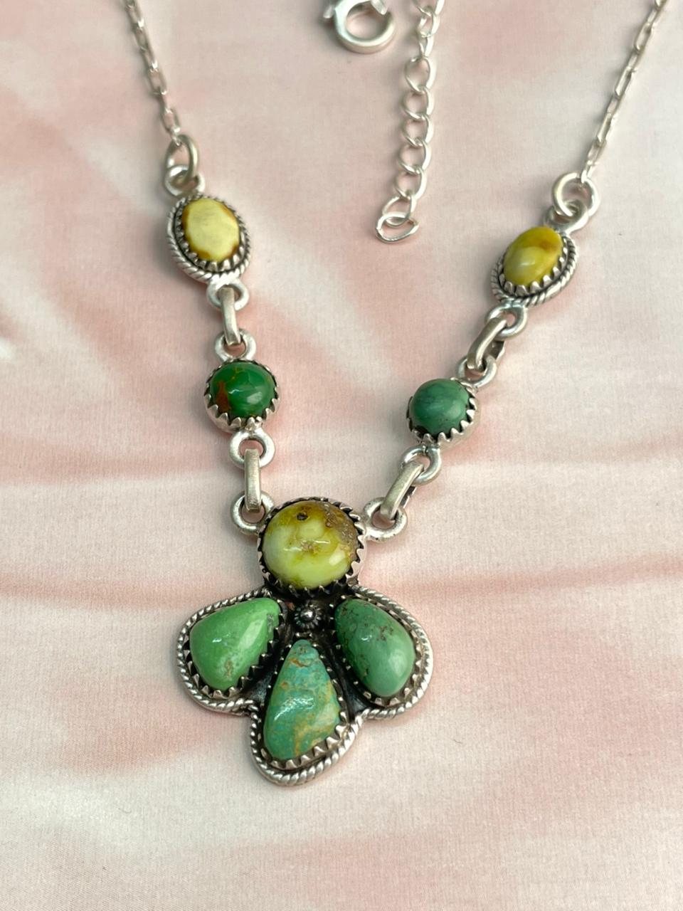 Handmade Sterling Silver Emerald Valley with Palomino Turquoise Necklace "Signed Nizhoni"