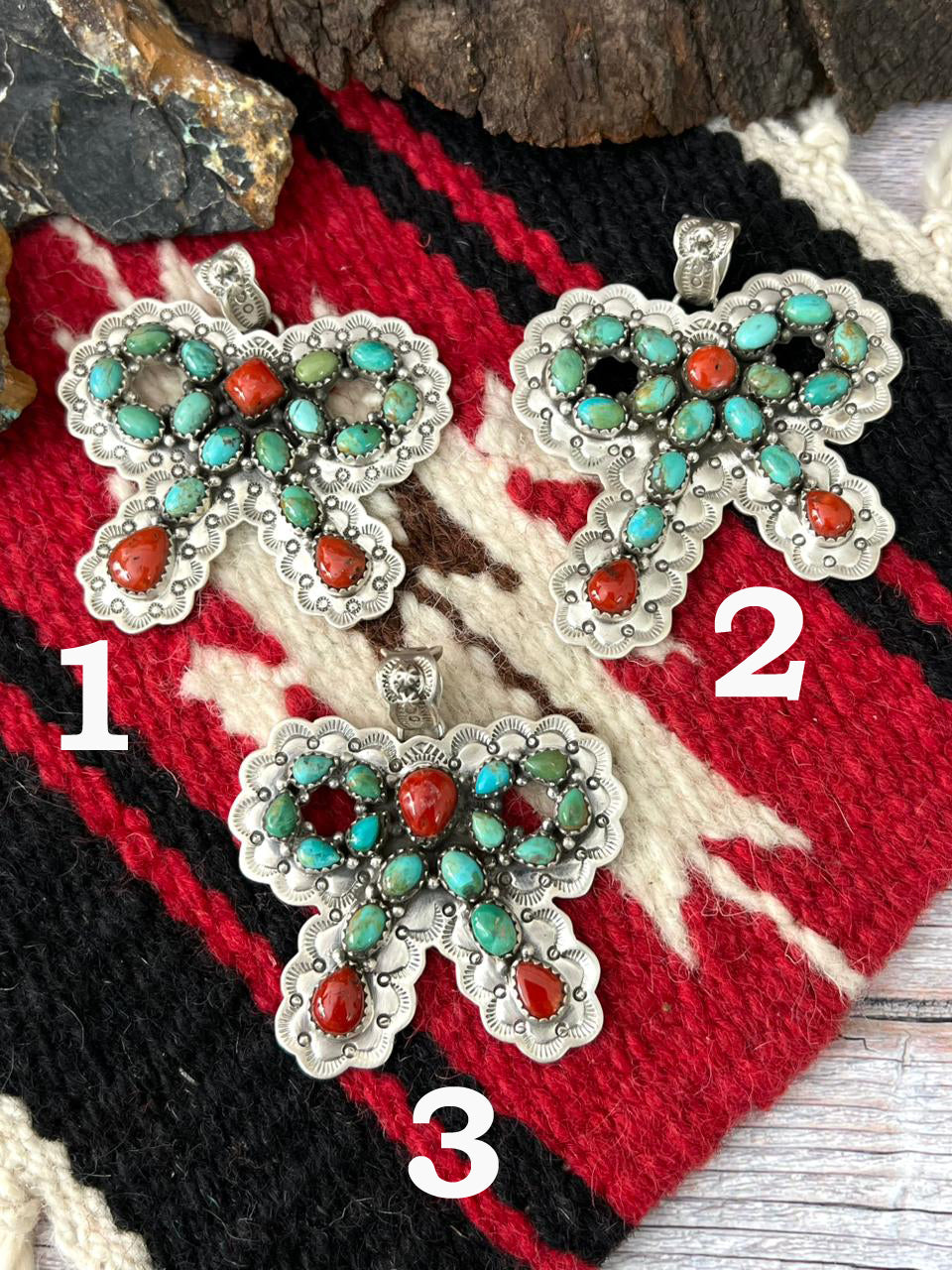 "Christmas Collection" Handmade Sterling Silver Kingman with Coral Pendant "Signed Nizhoni"