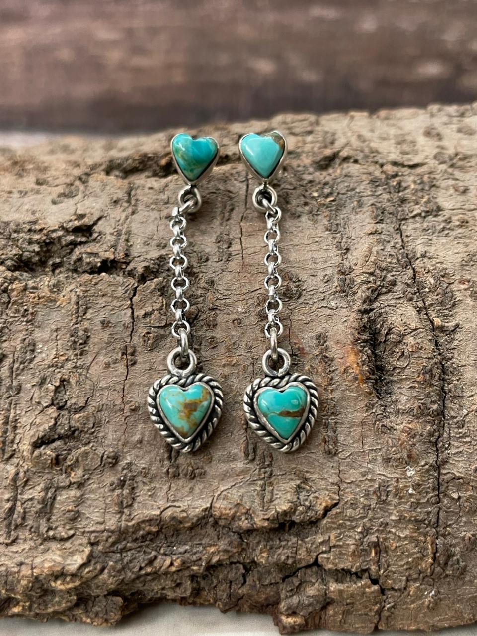 "Heart Collection" Handmade Sterling Silver Kingman Turquoise Post Dangle Earrings "Signed Nizhoni"