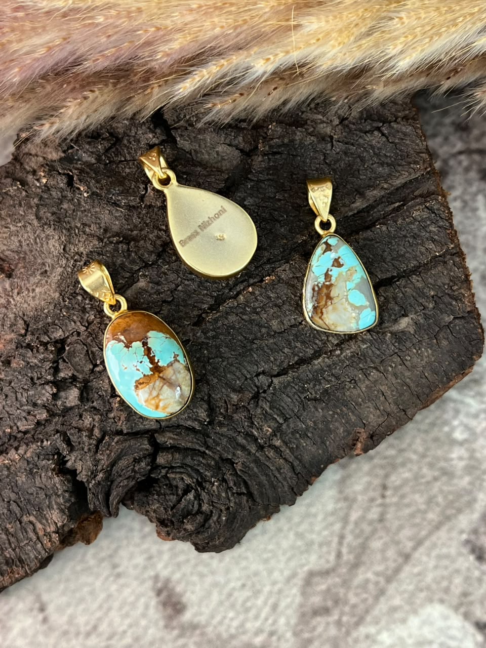 “The Golden Collection” Handmade Sterling Gold over Silver Royston Turquoise Pendant Signed Nizhoni
