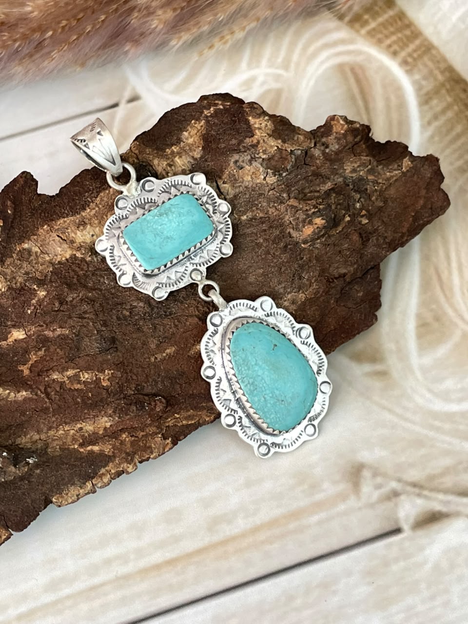 Handmade Sterling Silver Green Kingman Turquoise Pendant Signed Nizhoni