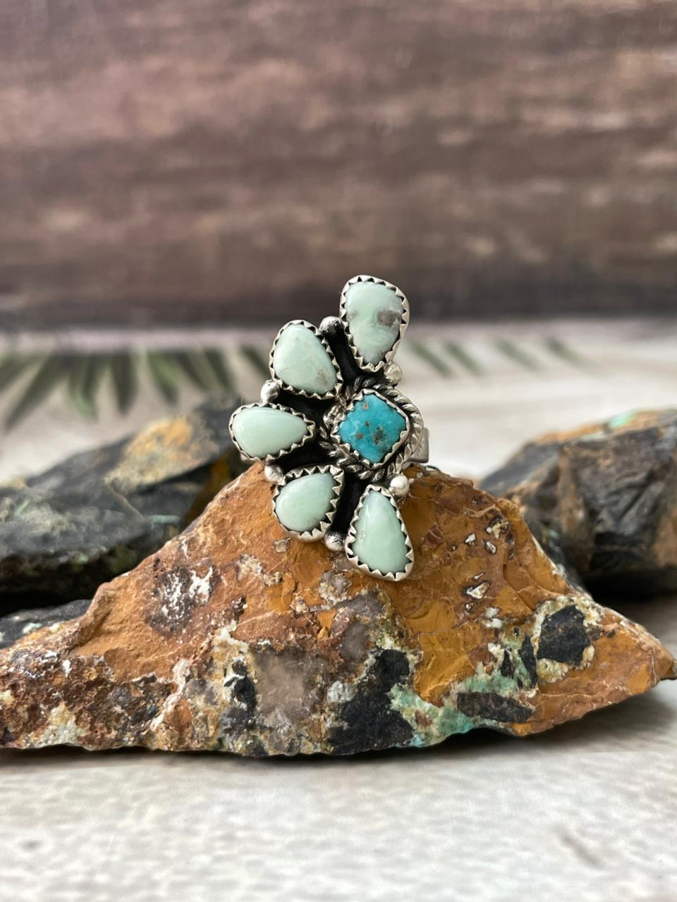 Handmade Sterling Silver Paloma with White Water Adjustable Ring "Signed Nizhoni"