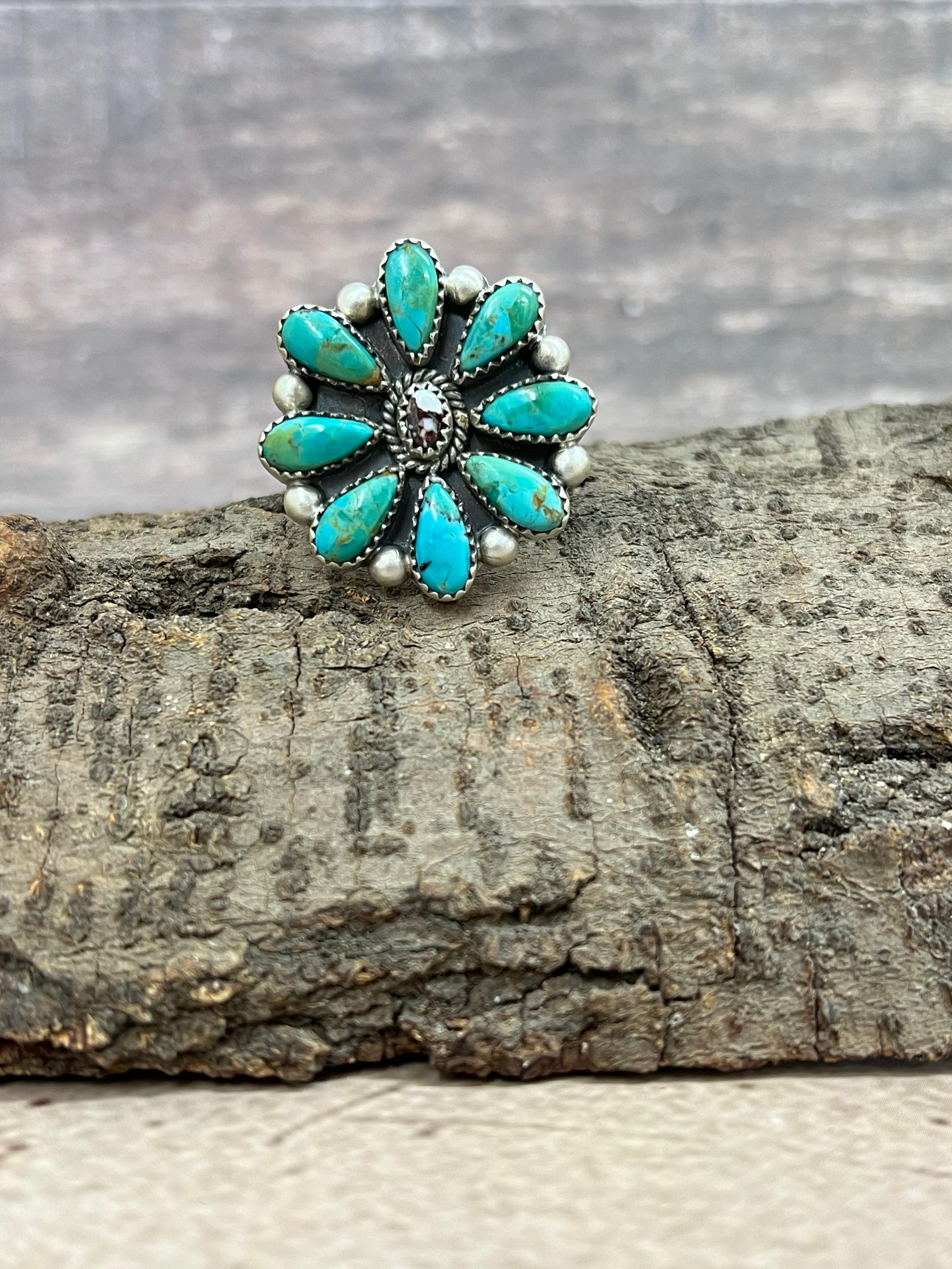Handmade Sterling Silver Kingman Turquoise with Wild Horse Adjustable Ring Signed Nizhoni