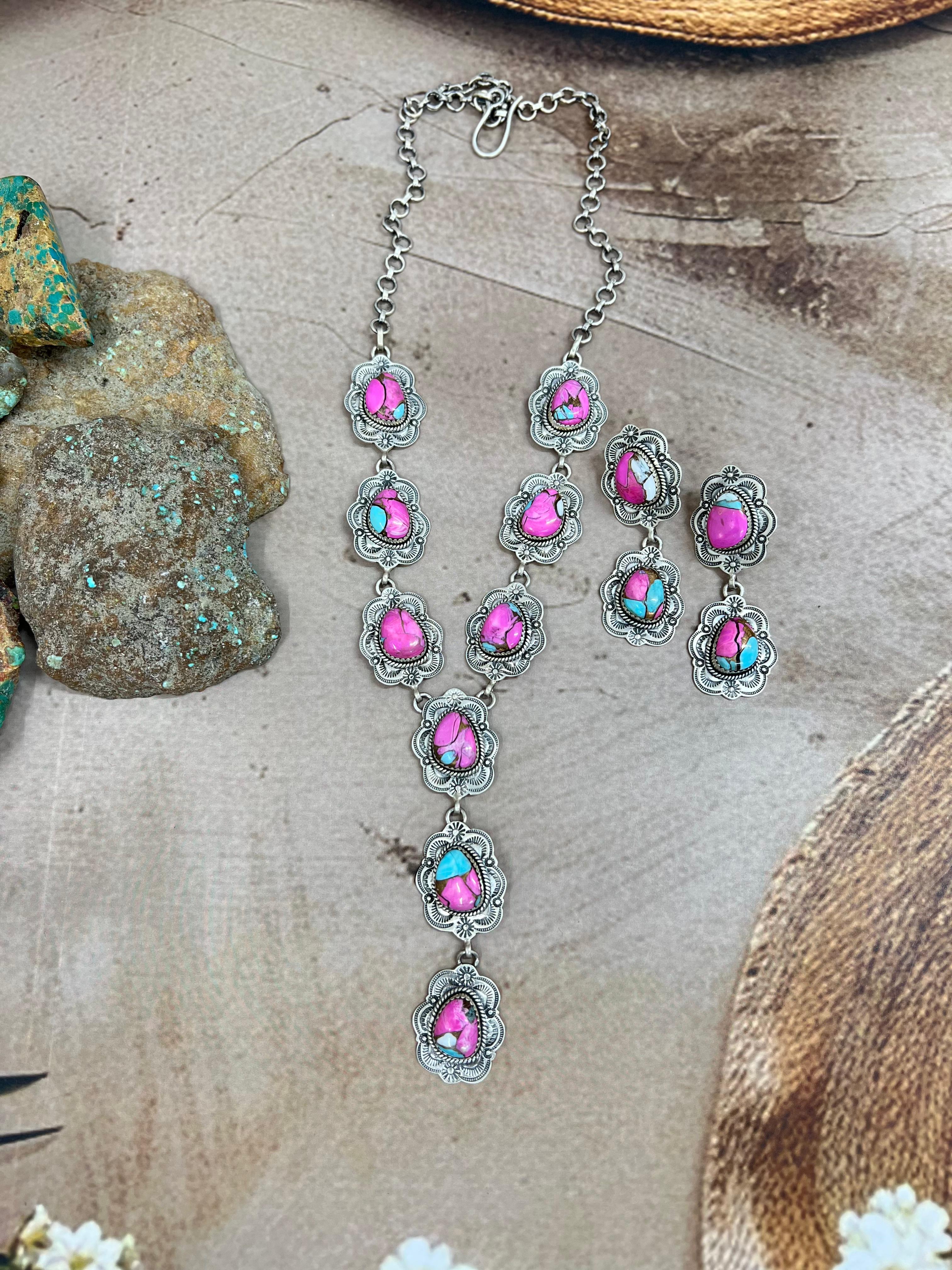 Handmade Sterling Silver Cotton Candy Turquoise Necklace Earrings Set, Signed Nizhoni