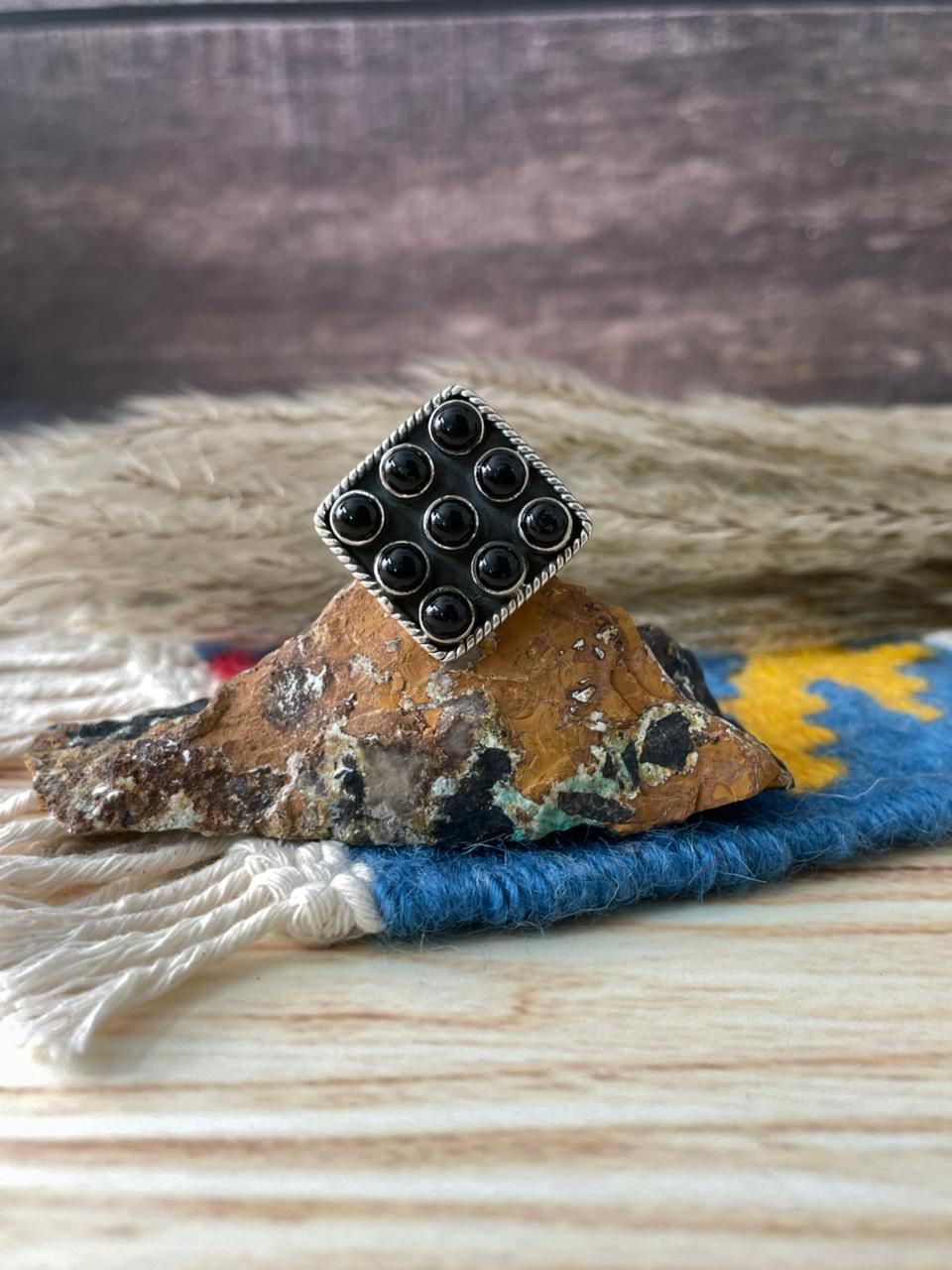 Handmade Sterling Silver Black Onyx Adjustable Ring "Signed Nizhoni"