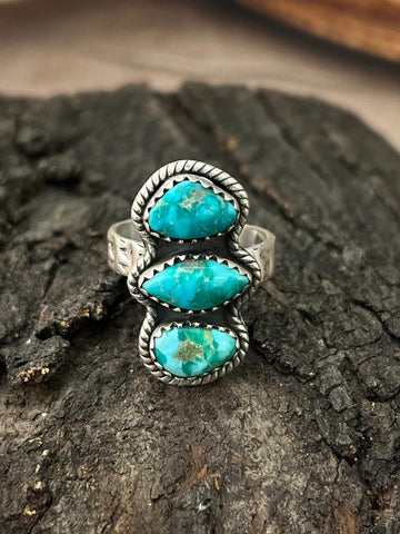 Handmade Sterling Silver Emerald Valley Turquoise Adjustable Ring "Signed Nizhoni"
